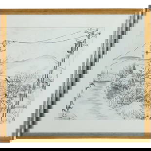 Charles Burchfield; 20thC. American Charcoal Signed: Charles Burchfield; 20thC. American Charcoal Signed . Charles Ephraim Burchfield (1893 - 1967) charcoal on paper. Upstate, NY Country Road. Signed with monogram lower left and dated 1945; 17in. X 20in