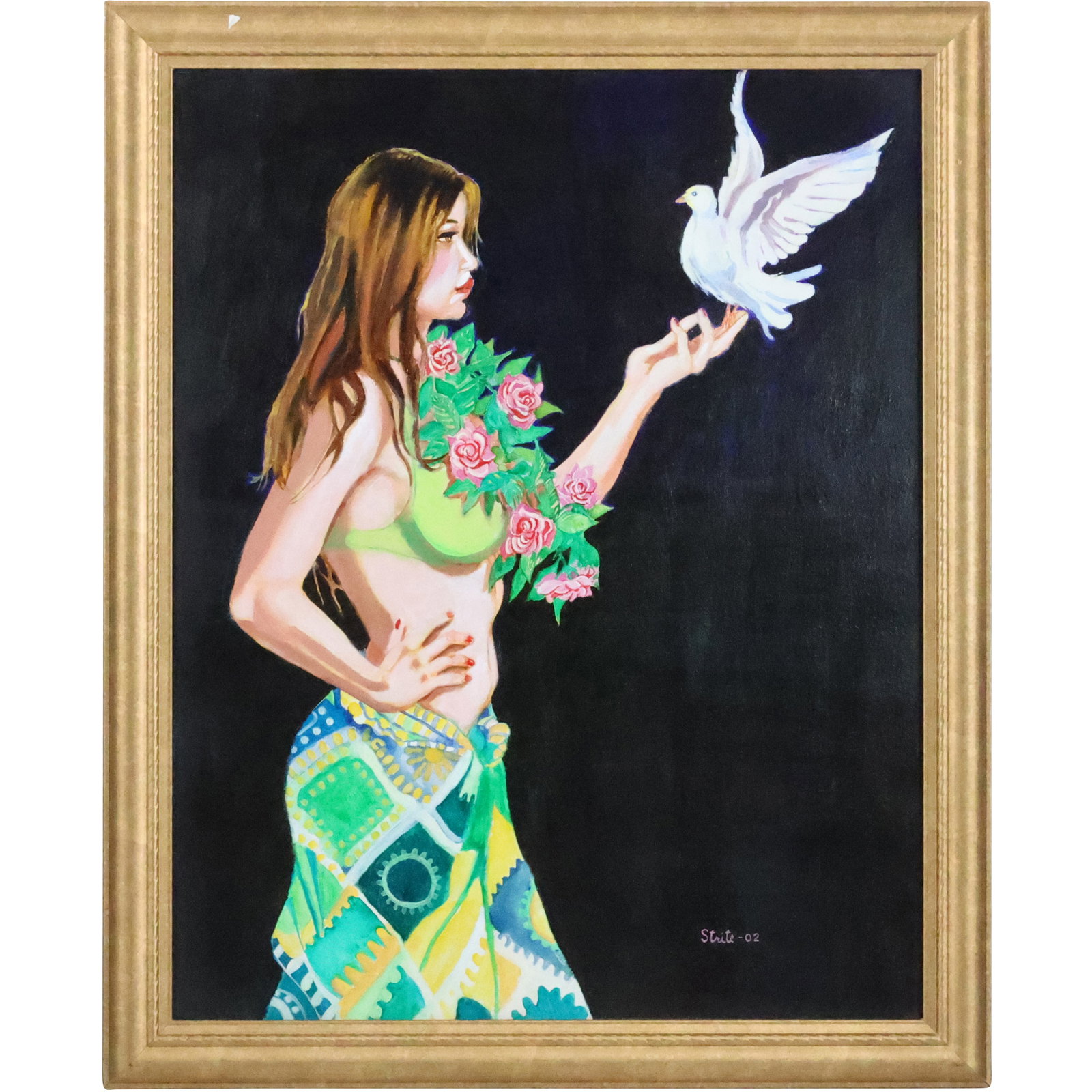 Norman Strite, American Artist, Oil on Canvas Painting Pin-Up Girl Holding Dove "Peace", Signed: Norman Strite, American Artist, Oil on Canvas Painting Pin-Up Girl Holding Dove "Peace", Signed. size: 28 x 22, 31.75 x 25.75 outside frame. Author of Book: Norman Strite in the Temple of Beauty. Figu
