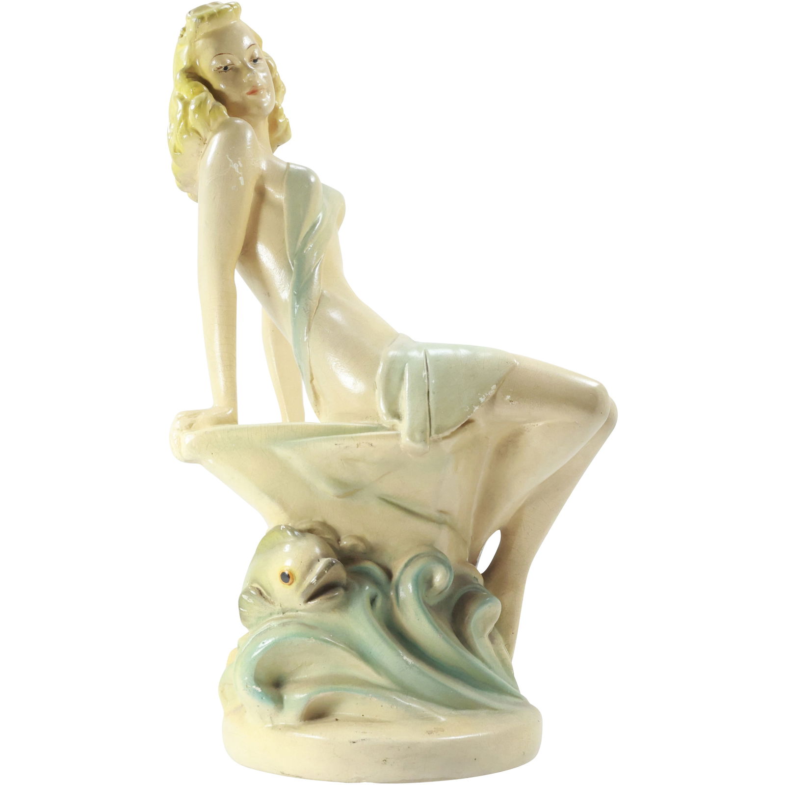1950s Bathing Beauty Figurative Sculpture in Hard Plaster Composition Original Patina, 15 in. heigh: 1950s Bathing Beauty Figurative Sculpture in Hard Plaster Composition Original Patina, 15 in. height size: 15x8.25 shelf: B
