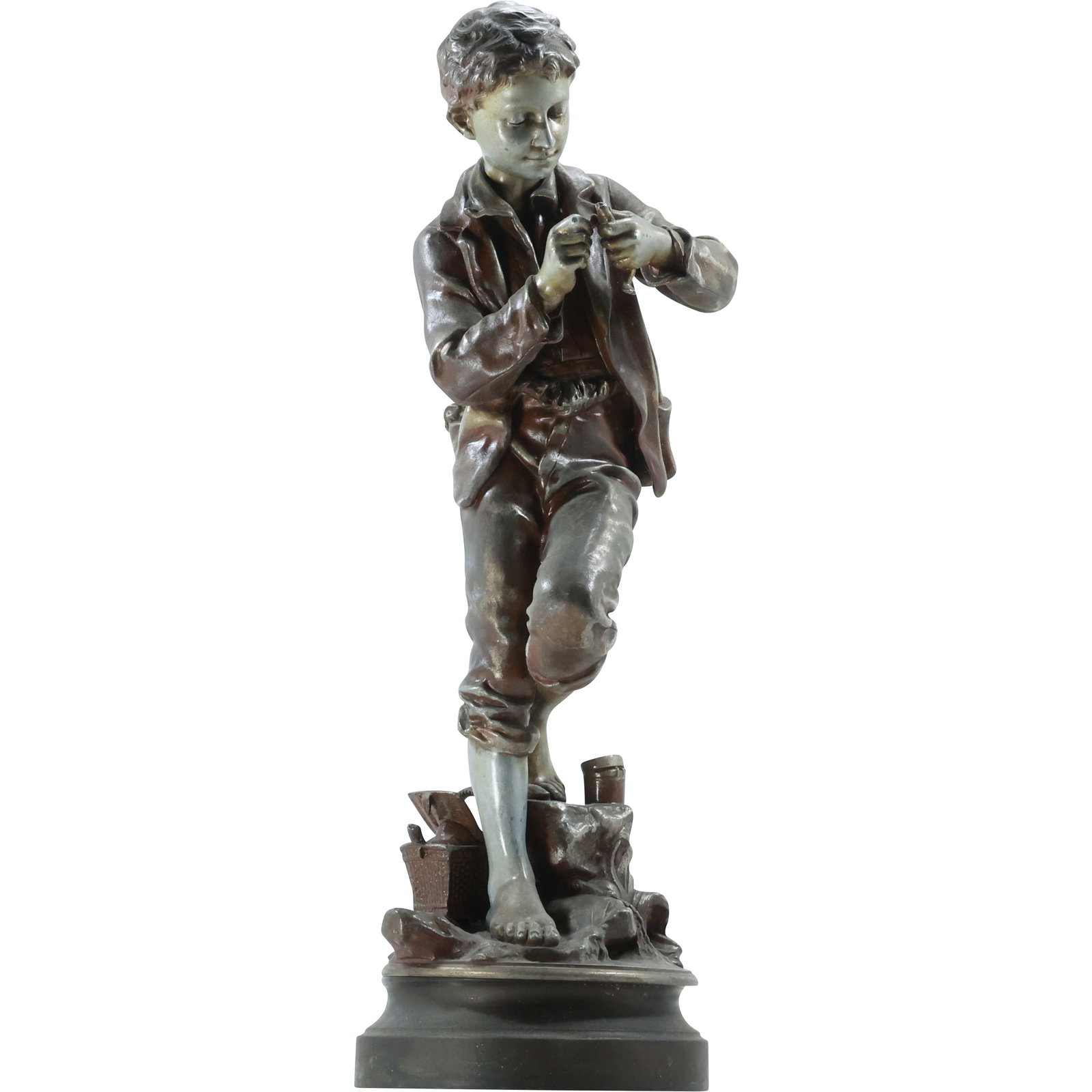 19th C. Cast Metal Spelter Statue of a Fisherman's Boy after Clement D'Astanieres, 20.5 in. height (1 of 18)