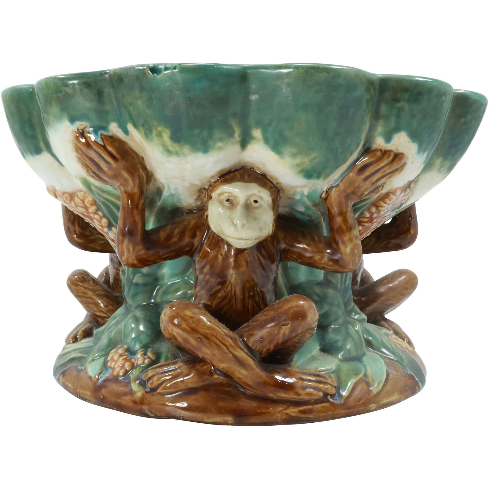 Majolica Monkeys Figural Base Pedestal Bowl  7 in. height x 12 in. diameter (1 of 14)