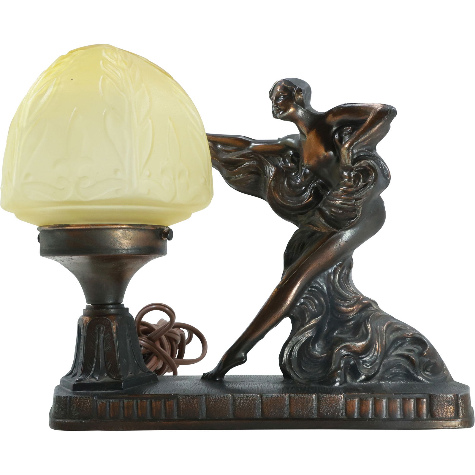 Antique Art Nouveau No. 183 Bronze Figural Lamp flapper dancer, Cast Metal, Original Glass Shade: Presenting the Antique Art Nouveau No. 183 Bronze Figural Lamp, a captivating piece embodying the elegance of the Art Nouveau and Art Deco periods. This exquisite lamp features a nude lady with a flow
