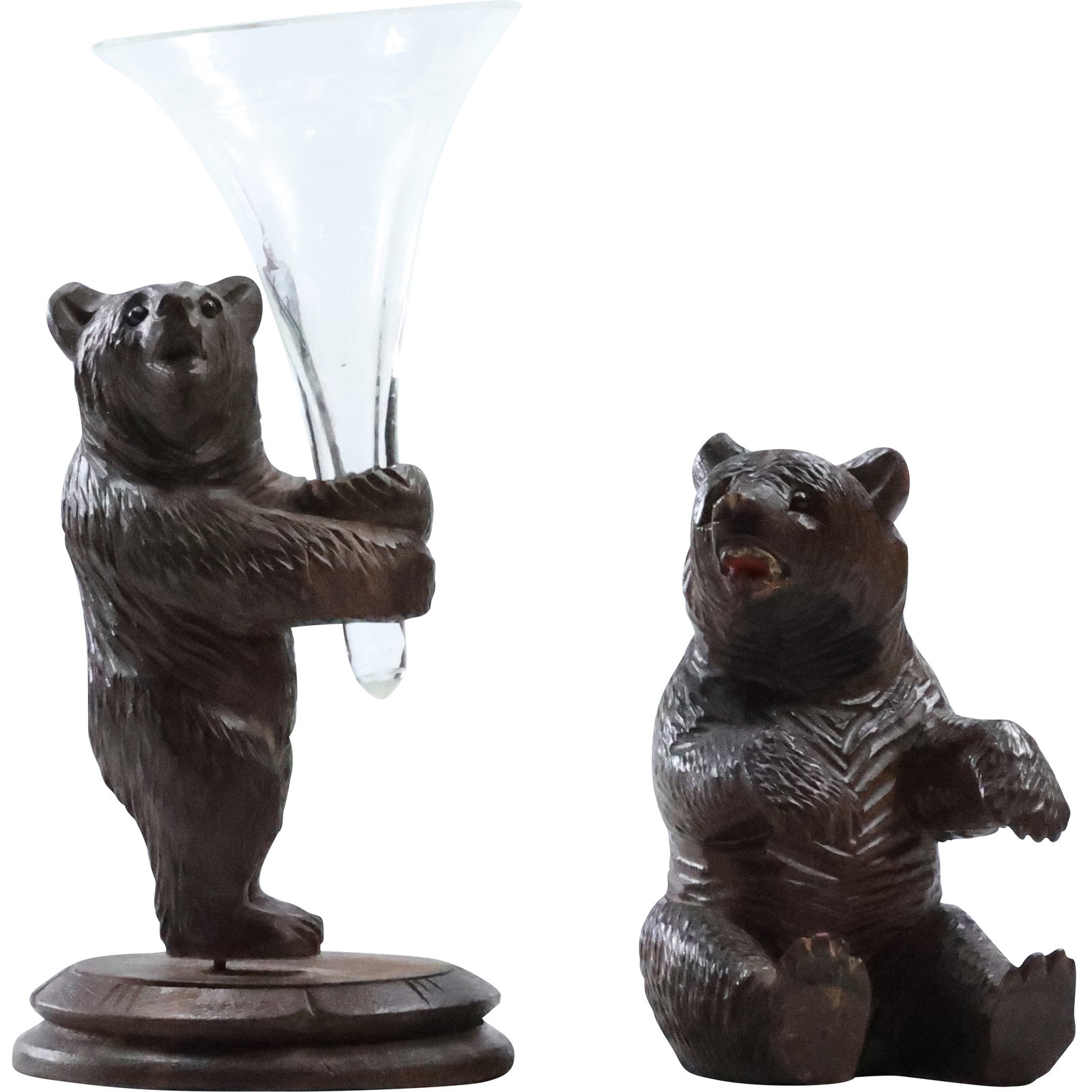2 Black Forest Carved Wooden Small Bear Figures One Holding Glass Bud Vase (1 of 10)