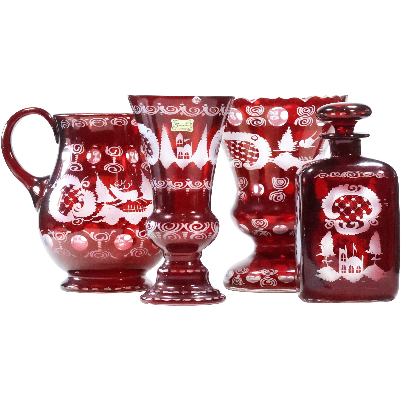 4 Assorted Antique Bohemian Ruby Red Glass Cut to Clear Vases and Bottle with Stopper (1 of 16)