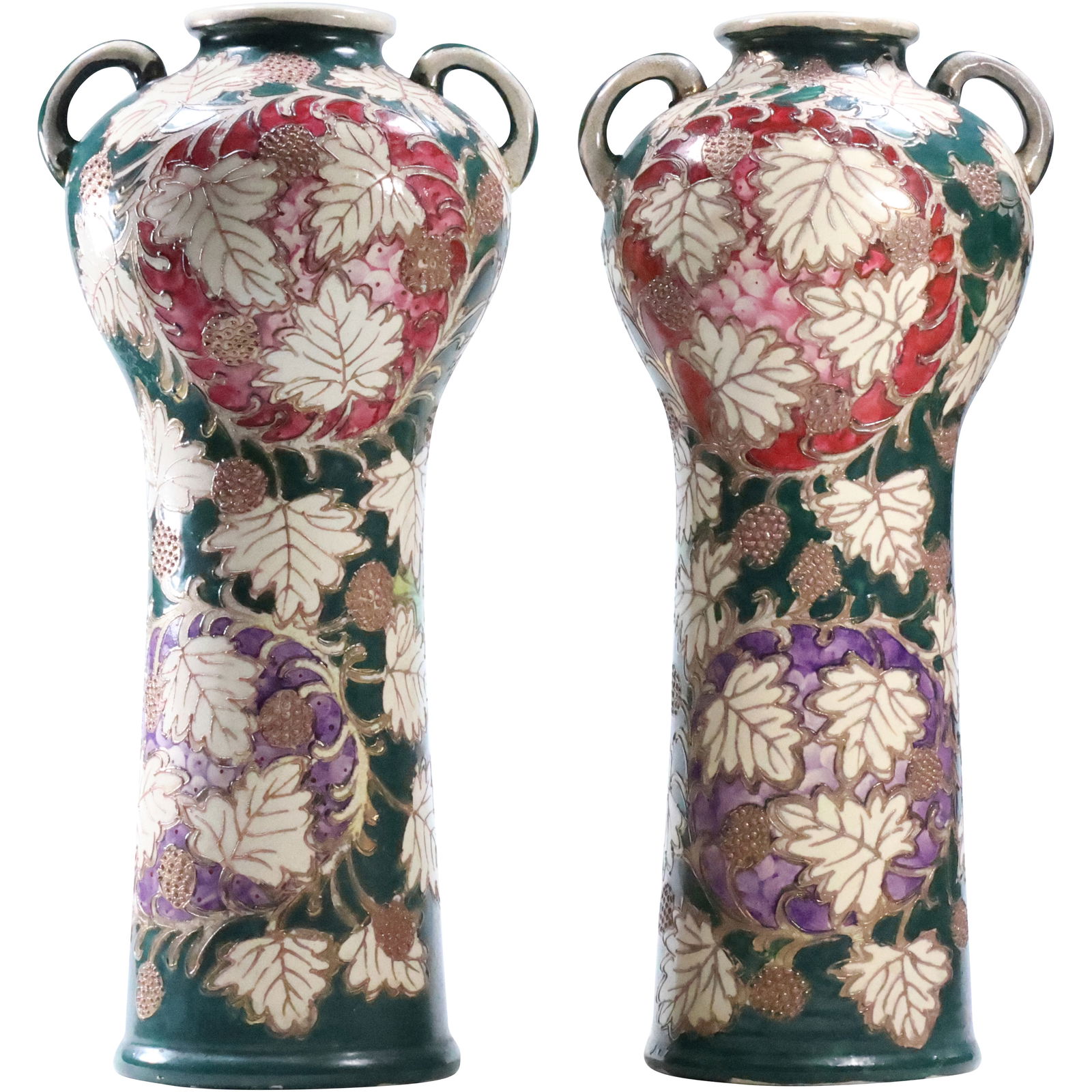 Matched Pair Circa 1920s Satsuma Tall Handled Vases, Floral, 15.5 in. height x 7 in. (1 of 13)