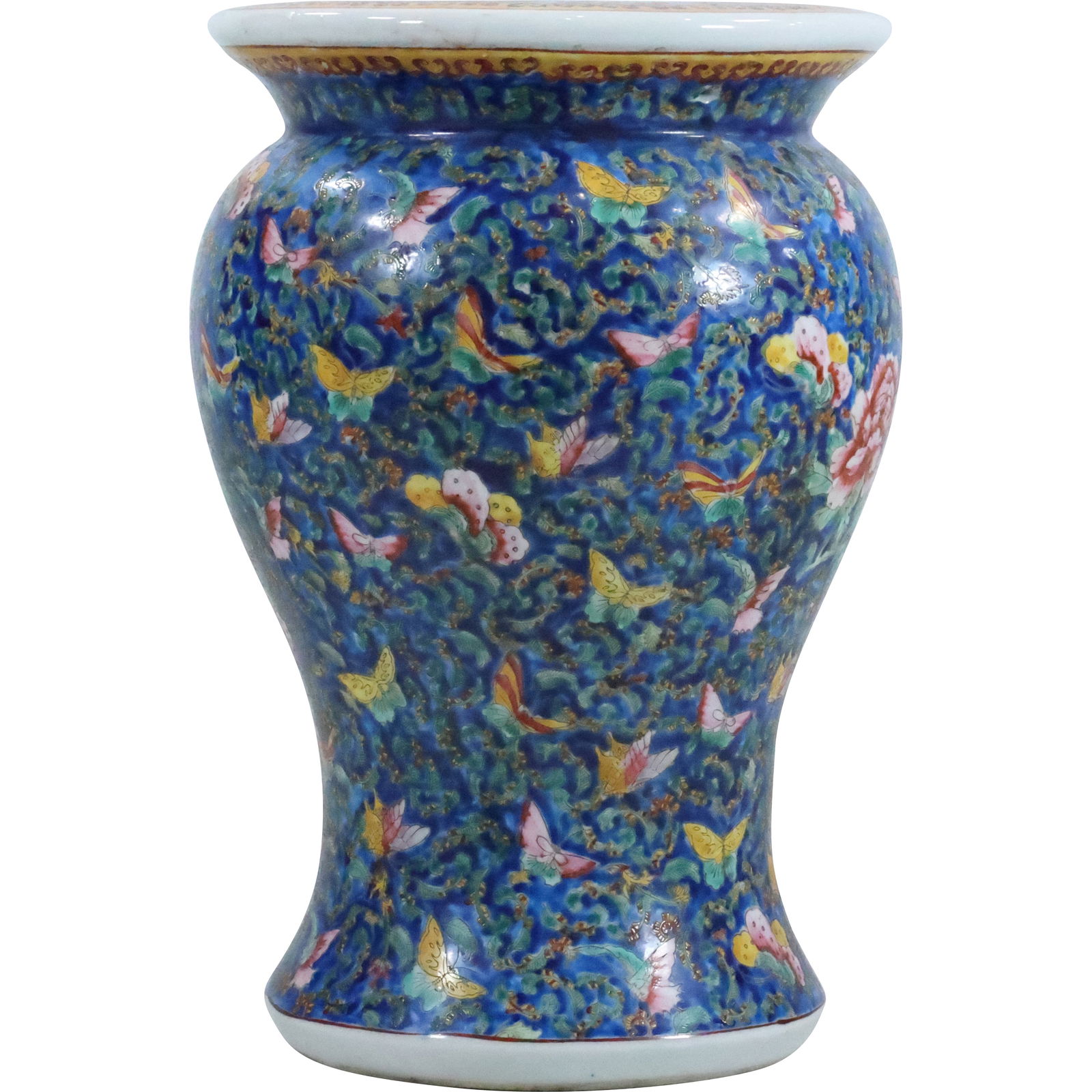 Fine Chinese Porcelain Garden Seat with Butterflies, Blue Background 15.5 in. height x 10 in. dia.: size: 15.5 x 10 shelf E