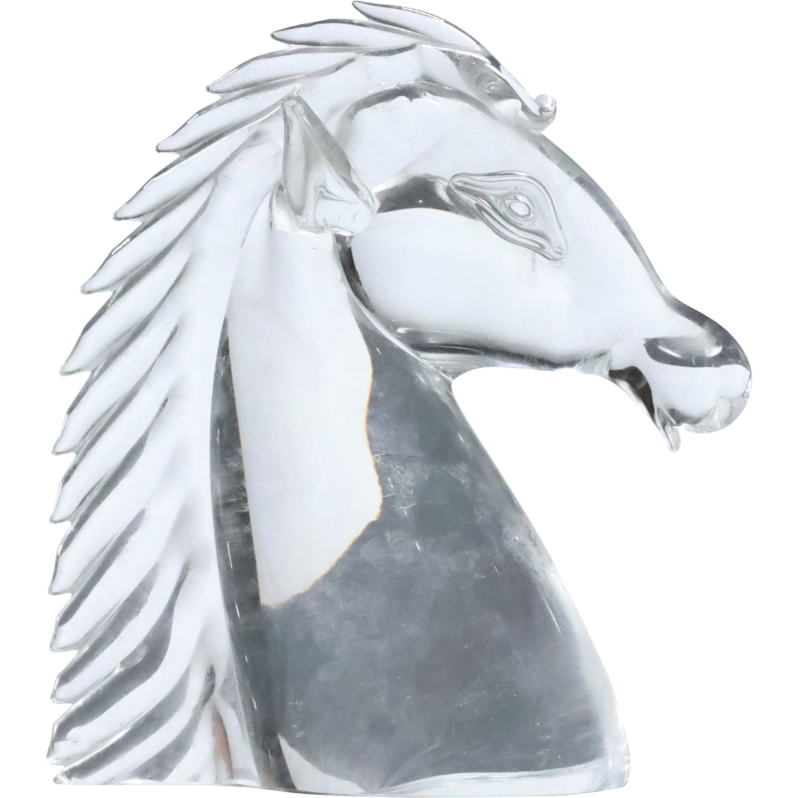 Murano Solid Crystal Glass Horse Head Sculpture Designed by Licio Zanetti, 7 in. height: Murano Solid Crystal Glass Horse Head Sculpture Designed by Licio Zanetti, 7 in. height. size: 7 x 6.5 x 2.5 shelf E