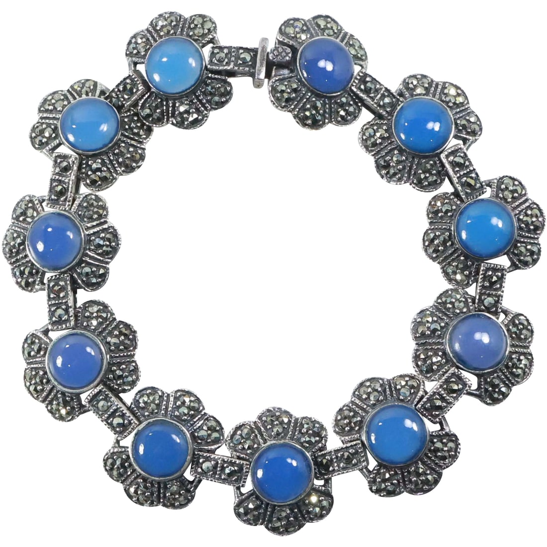 .925 Sterling Silver with Synthetic Sapphire, Cabochons, Marcasites Bracelet 7 1/2 in. x 3/4 in. (1 of 12)