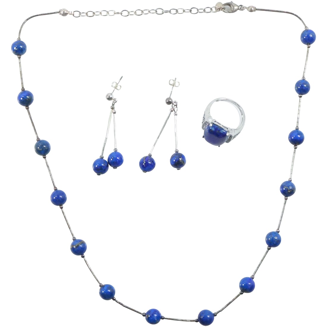 4 Piece .925 Sterling Lapis Beads Necklace  20 in.; Sterling Double Drop Lapis Beads Earrings (1 of 17)