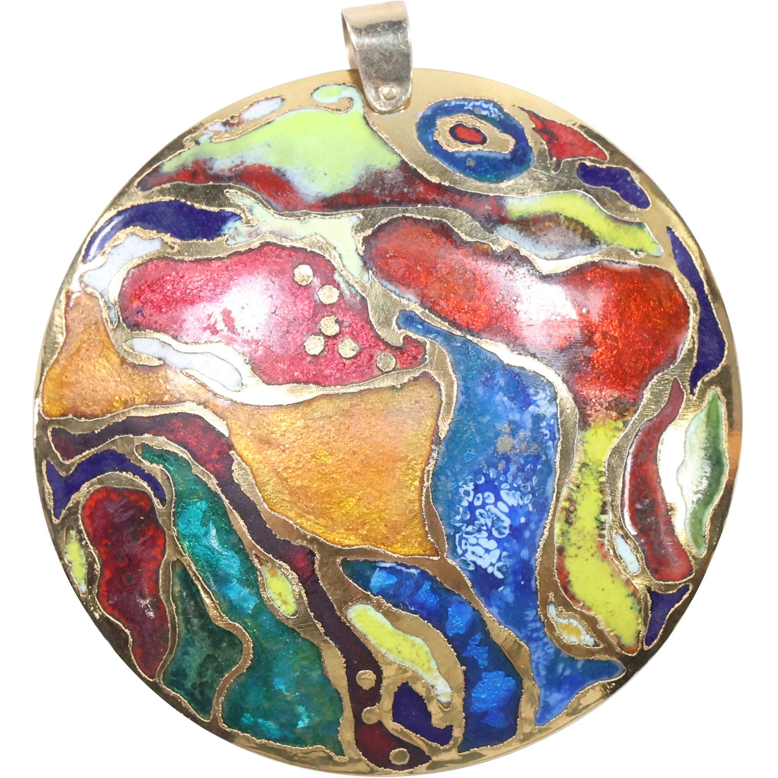 Signed Gold and Enamel Large Round Pendant with 14K Gold Bail 3 1/8 in. diameter: Signed Gold and Enamel Large Round Pendant with 14K Gold Bail 3 1/8 in. diameter