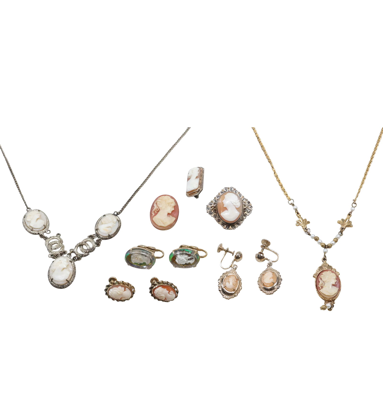 Estate Grouping Assorted CAMEO Lot: 3-Part Cameo Necklace; Clip-on Earrings; 10K Cameo Pin; (1 of 15)