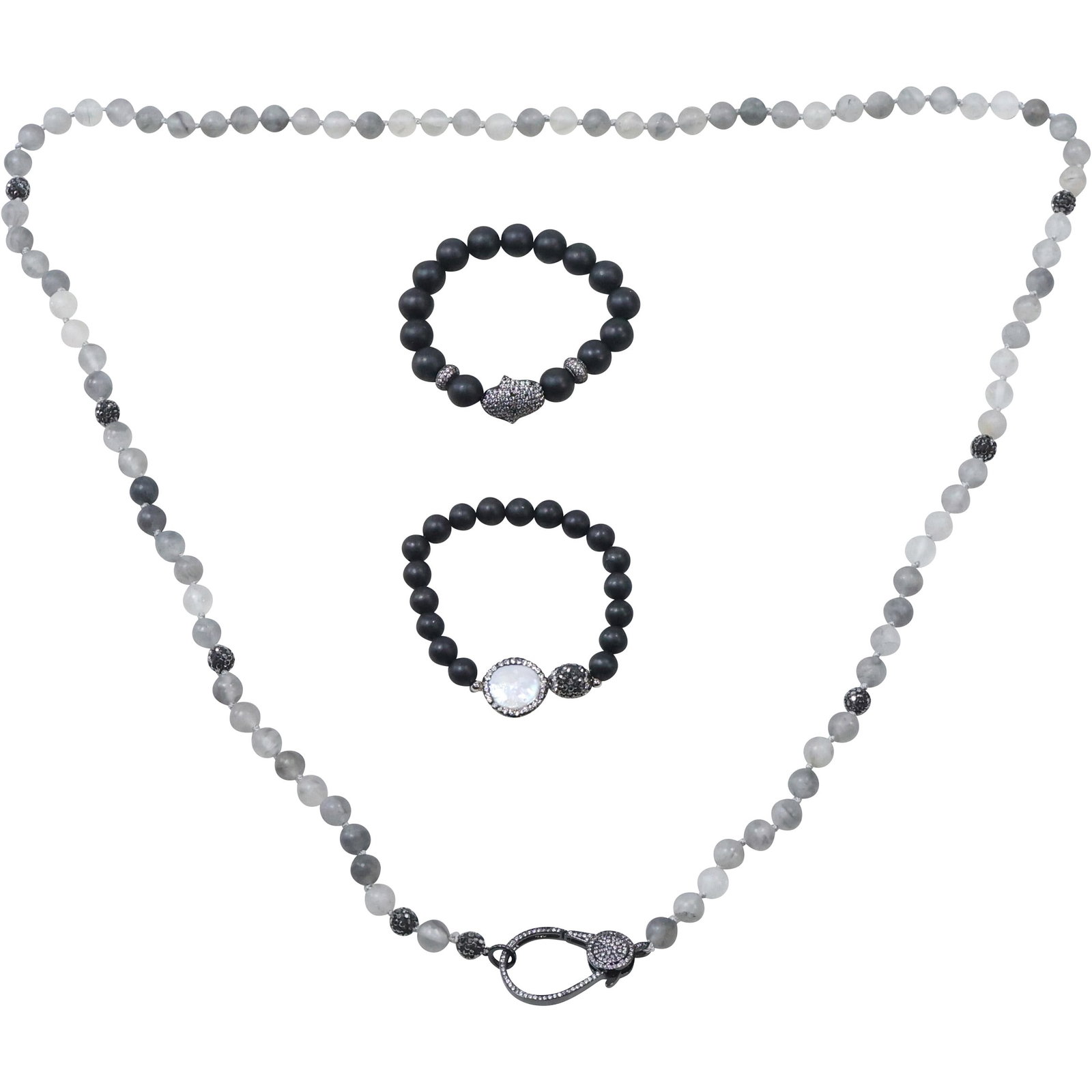 Tourmalinated Quartz Necklace with Clear and Black Crystals 38 in.; [2] Bracelets 7 in. x 3/4 in.: Tourmalinated Quartz Necklace with Clear and Black Crystals 38 in.; [2] Bracelets 7 in. x 3/4 in.