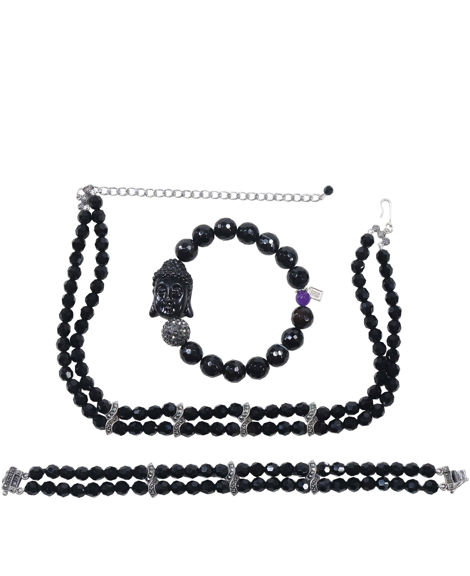 Sterling Silver "JJ"  Black Beads Necklace; 2 Bracelets Sterling and Black Onyx Beads (1 of 12)