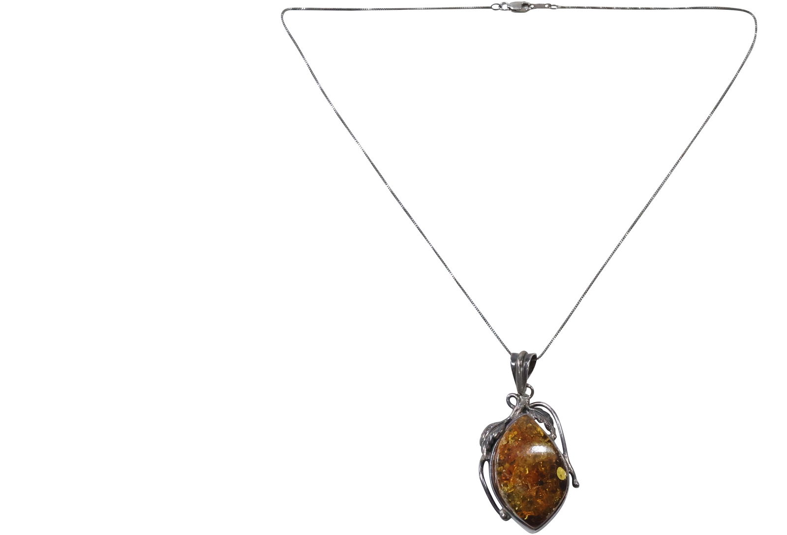 Reconstituted Amber and Sterling Silver Pendant Necklace on .925 Sterling Chain 18 in. (1 of 8)