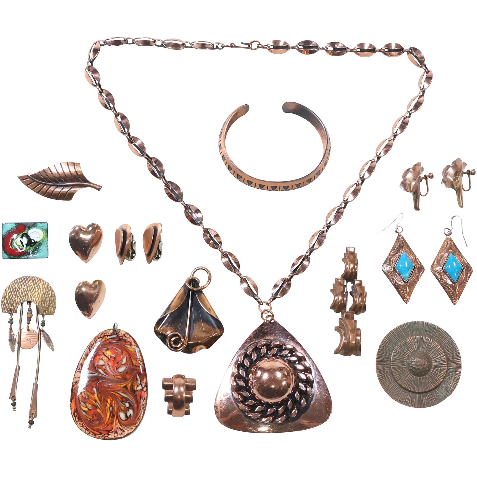 Estate Grouping Assorted Vintage Copper Jewelry: 6 Pins, 4 Pairs Earrings, Necklace, Cuff Bracelet (1 of 9)
