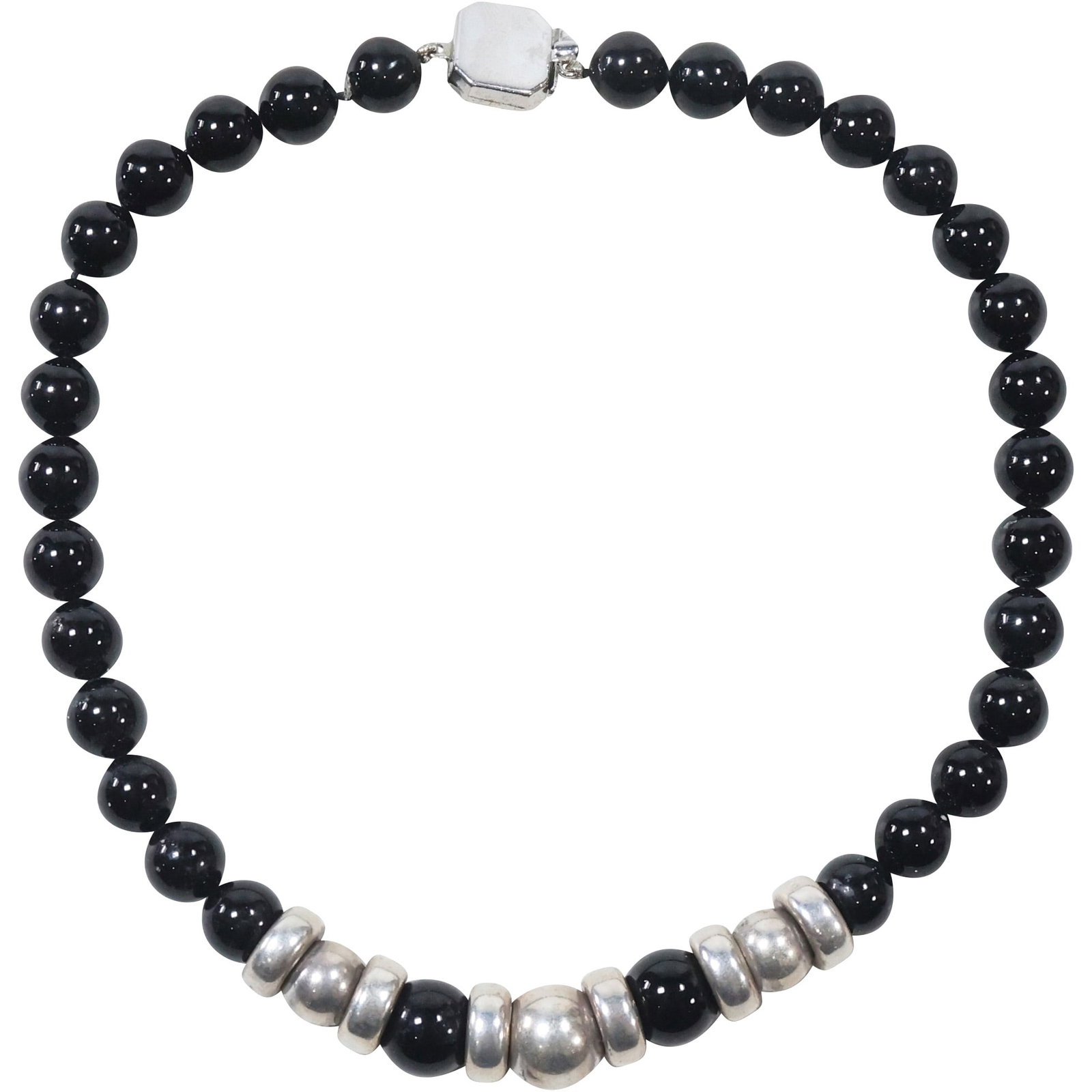 Sterling Silver Beads and Closure with Black Onyx Beads Necklace 16 in. x 1/2 in.: Sterling Silver Beads and Closure with Black Onyx Beads Necklace 16 in. x 1/2 in.