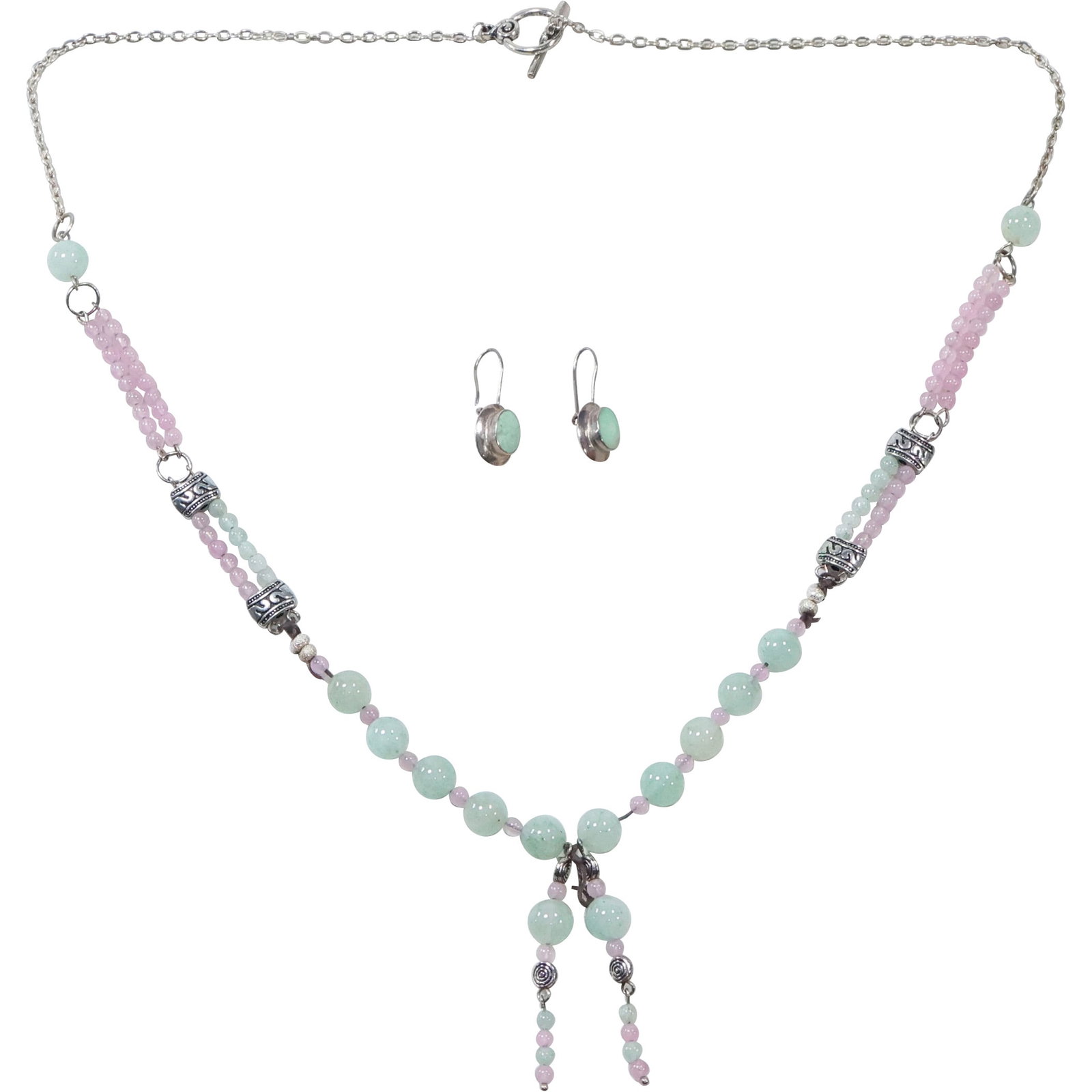 Aventurine with Pink Amethyst Necklace 30 in. and CID .925 Sterling with Aventurine Earrings: Aventurine with Pink Amethyst Necklace 30 in. 2 1/2 in. x 3/4 in. and CID .925 Sterling with Aventurine Earrings 1 1/4 in. x 1/2 in.