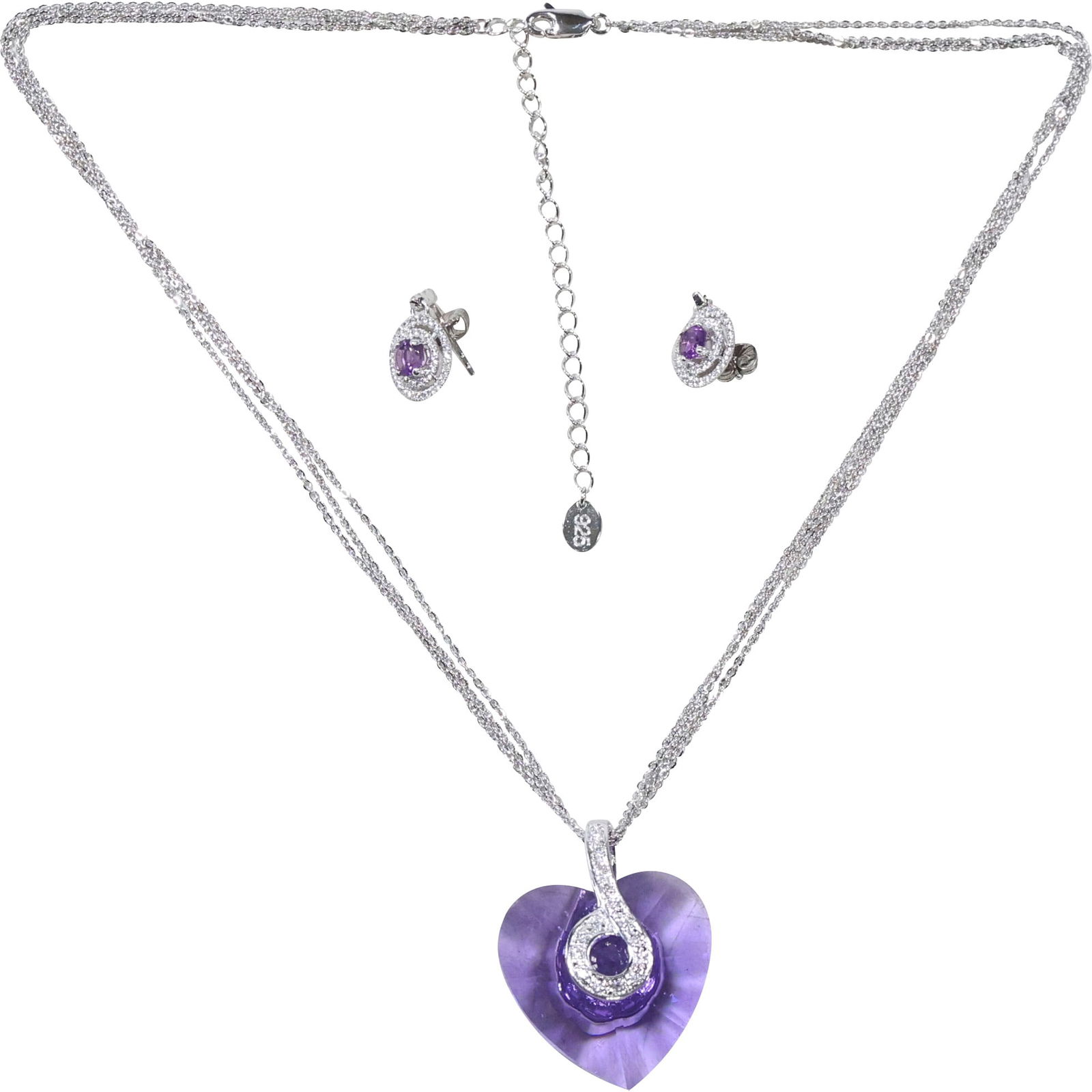 .925 Sterling Purple Amethyst and Clear Spinels Pierced Earrings; Costume Purple Heart with CZ (1 of 9)