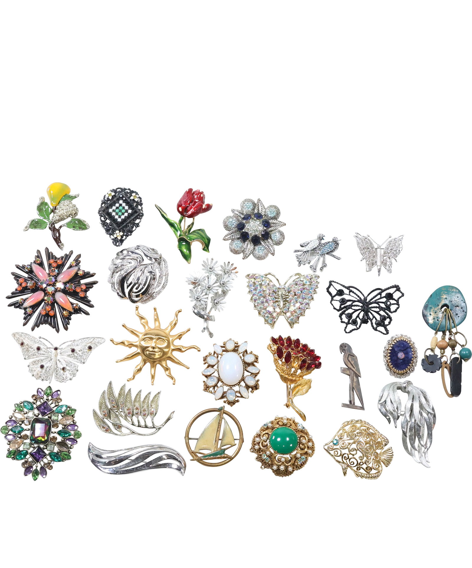 Estate Grouping 25 Assorted Costume Fashion Jewelry Pins - Large Assortment: Estate Grouping 25 Assorted Costume Fashion Jewelry Pins - Large Assortment: Enameled Sailboat; Monet Butterfly; JJ Silvertone; Monet Silvertone; West Germany 2 Birds on a Branch; Lisa Red Stones Flow