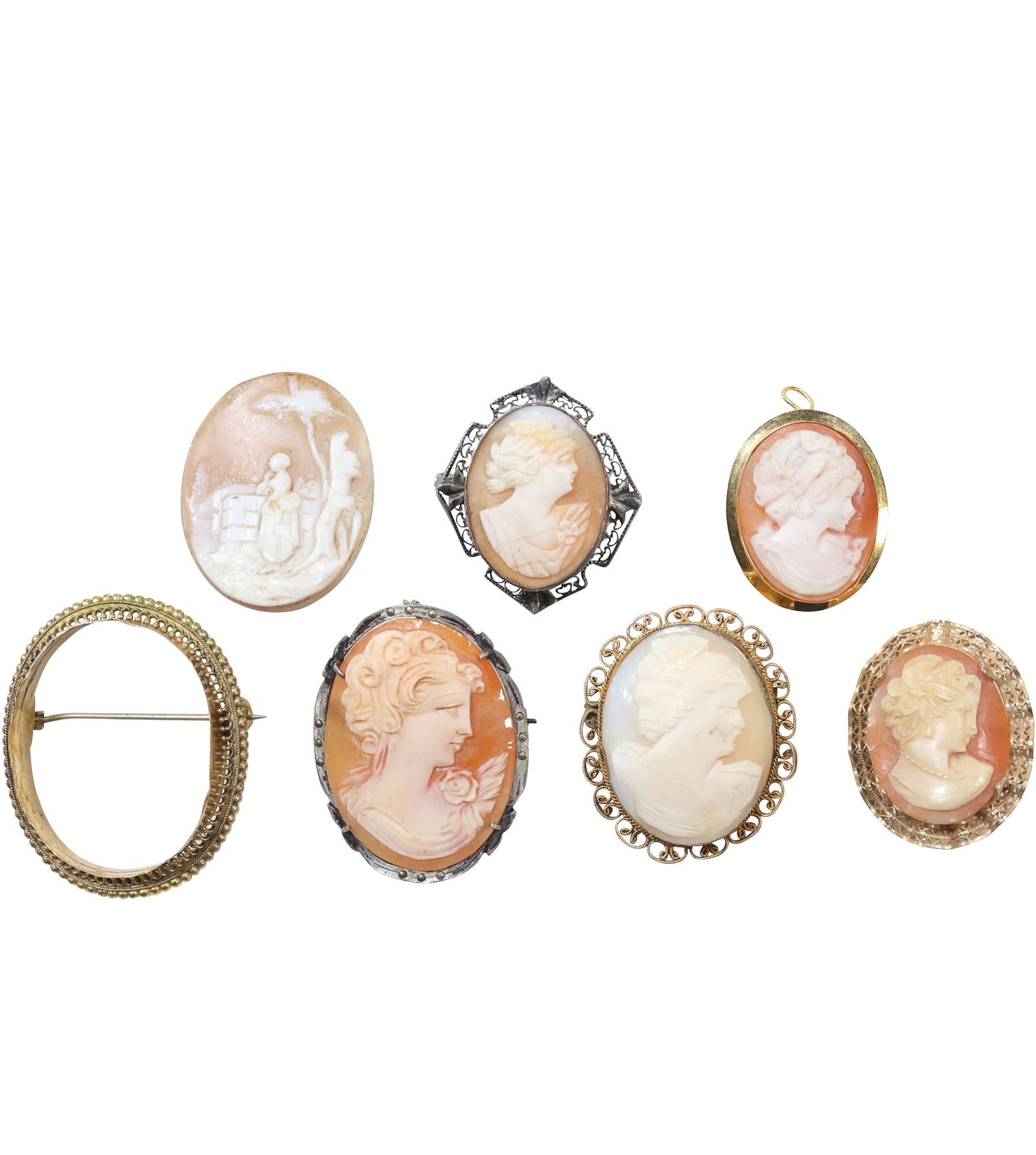 6 Assorted CAMEO Pins: .800 Cameo; [2] Gold Tone Frame Cameo; 12K GF Cameo; Silver Cameo; (1 of 10)