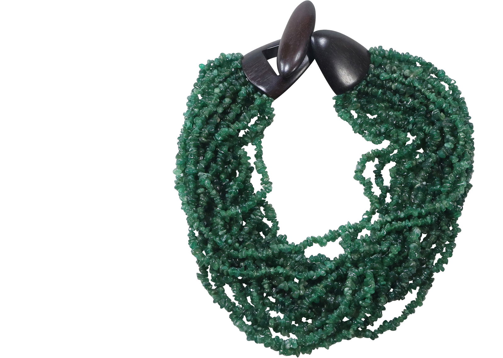 Tests for Emeralds, 15-Strands of Emerald Chips Necklace with Hook & Eye Black Ebony Closure: Tests for Emeralds, 15-Strands of Emerald Chips Necklace with Hook & Eye Black Ebony Closure. 20 in. x 3 in.
