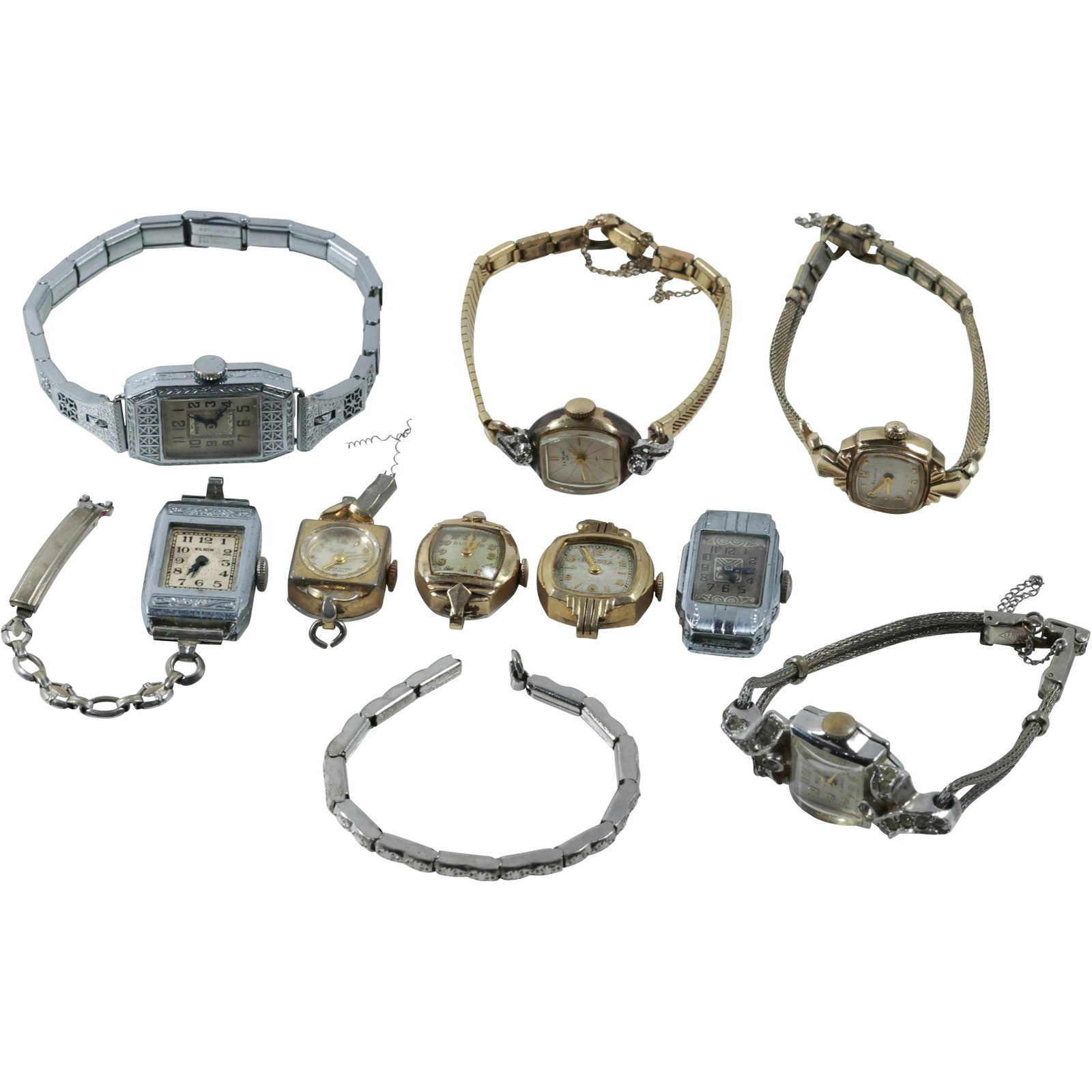 Grouping Vintage Ladies Wristwatches and Parts: Elgin, Ruko 17 Jewels; LeMarc 10KRGP; 2 Diamonds: Grouping Vintage Ladies Wristwatches and Parts: Elgin, Ruko 17 Jewels; LeMarc 10KRGP; 2 Diamonds Bulova 10KRGP; Westfield; Bulova 10KRGP; Paul Peugeot 17 Jewels; Bulova 10KRGP; Art Deco