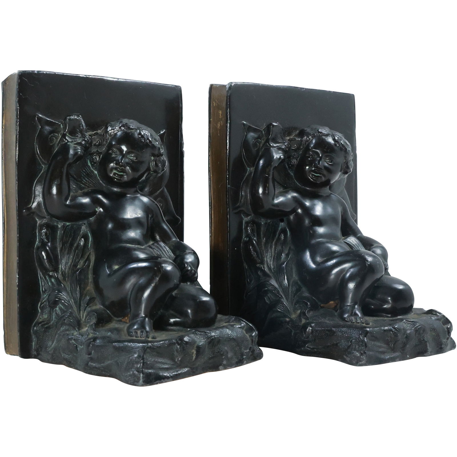 Pair of Ronson Bronzed Cast Metal Cherub Bookends (1 of 14)