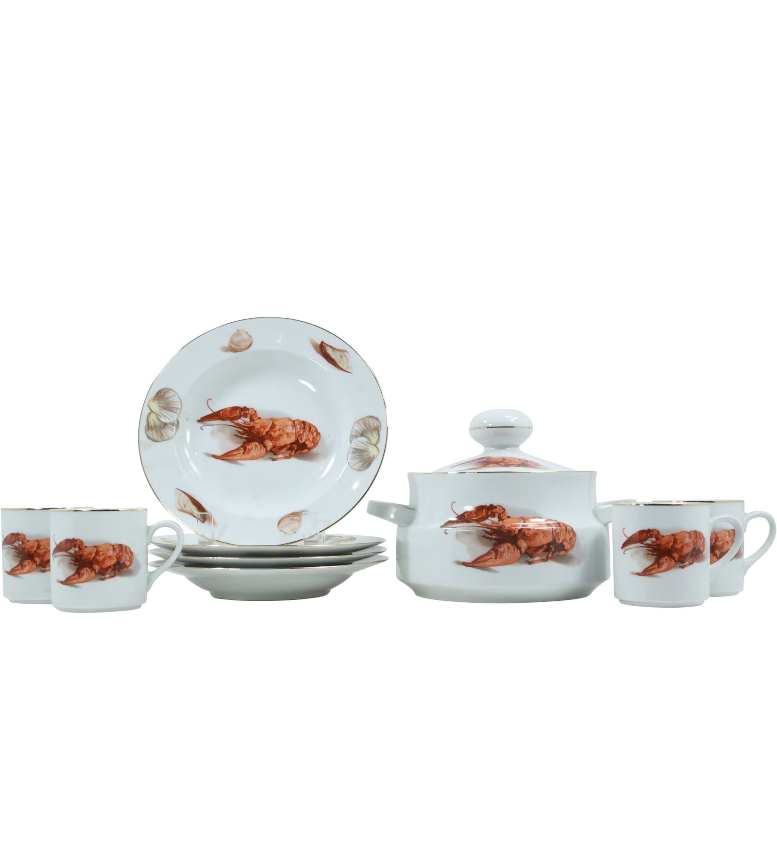 9 Piece Bavaria Western Germany Fine Porcelain LOBSTER Set: Plates, Cups, Covered Bowl: 9 Piece Bavaria Western Germany Fine Porcelain LOBSTER Set: Plates, Cups, Covered Bowl. size: 3.5x4.5 (4x cups), 7.25x9.75 (bowl), 1.25x9 (4x plates) shelf: A