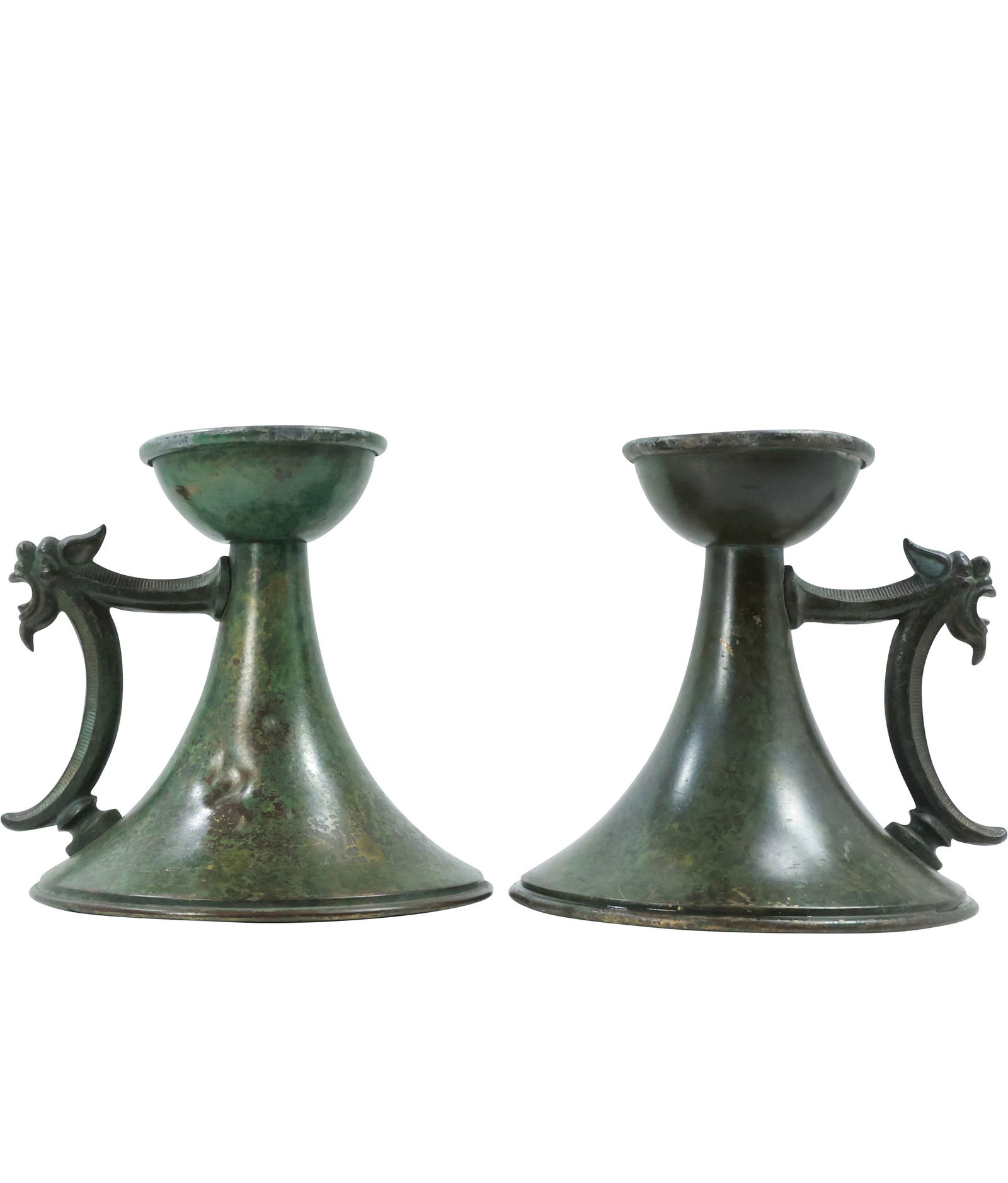 Pair Bronze Chamber Candlesticks with Handles, Verde Green Patina, Arts & Crafts (1 of 13)