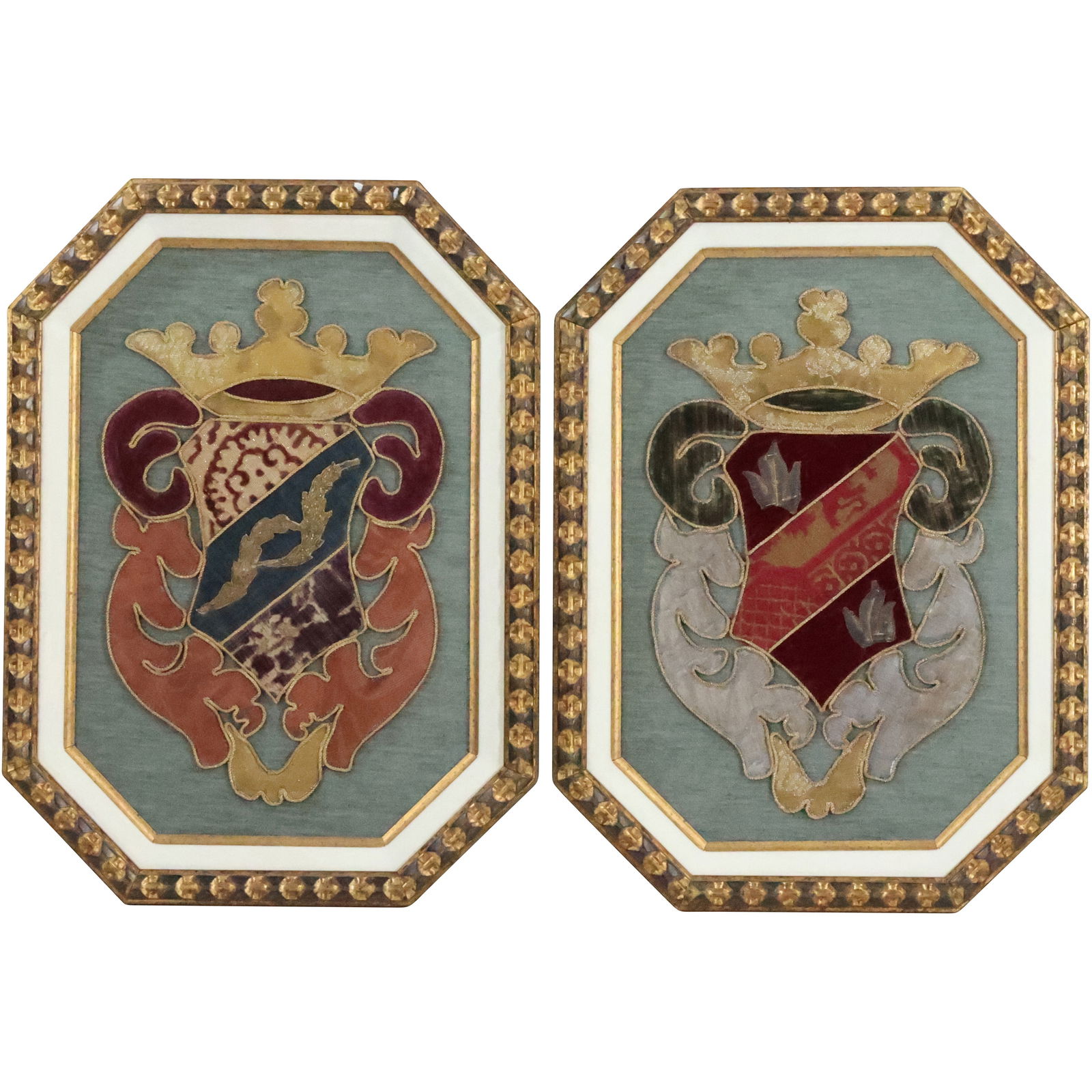 Pair Needlepoint Textile Framed Coat of Arms Insignias (1 of 13)