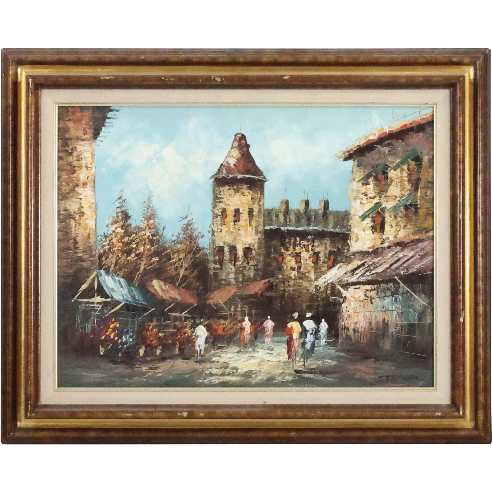 Artist Signed Middle Eastern Town Scene with Figures, Framed (1 of 12)
