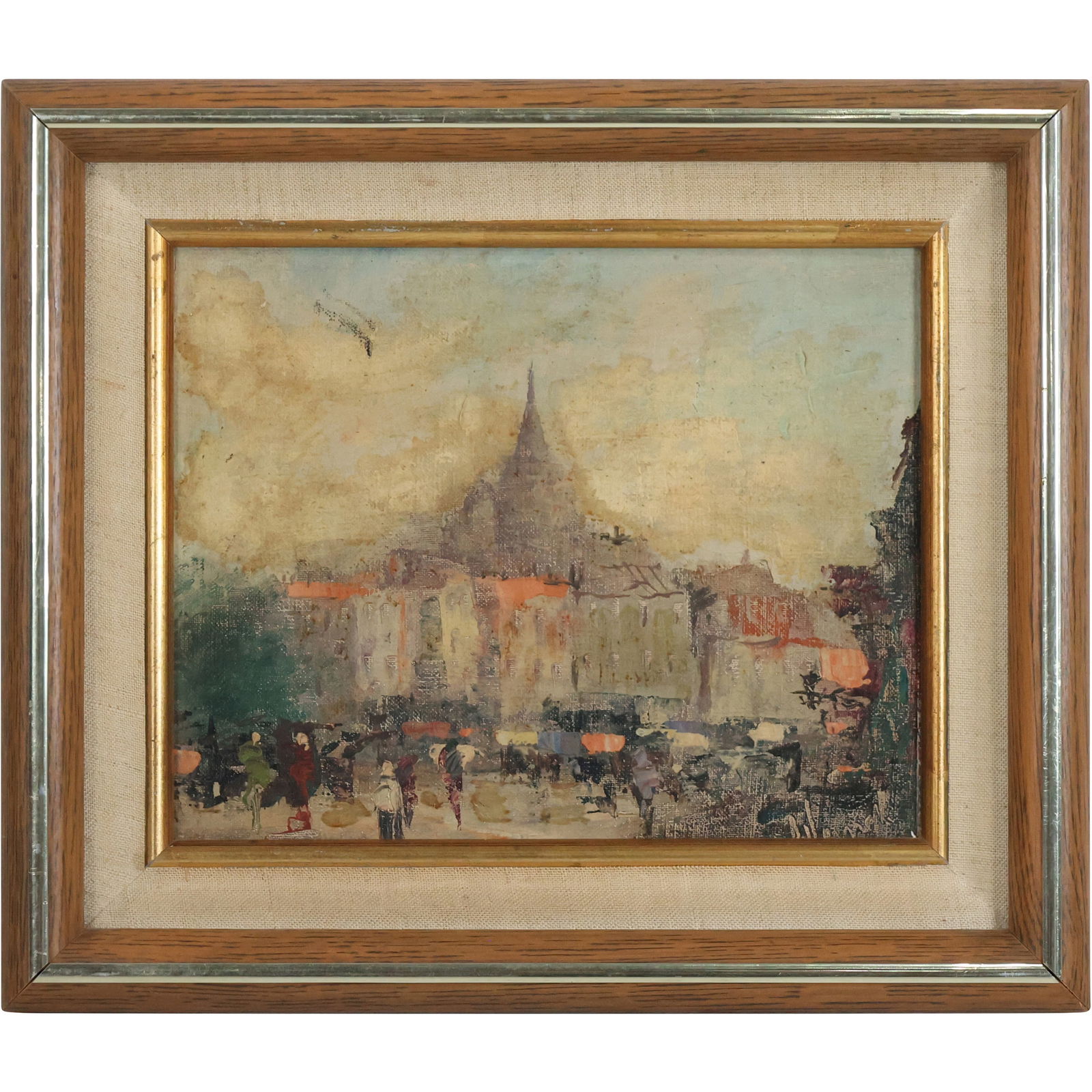 Vintage Impressionism Mixed Media Painting Gathering People in Town Courtyard, Signed (1 of 12)