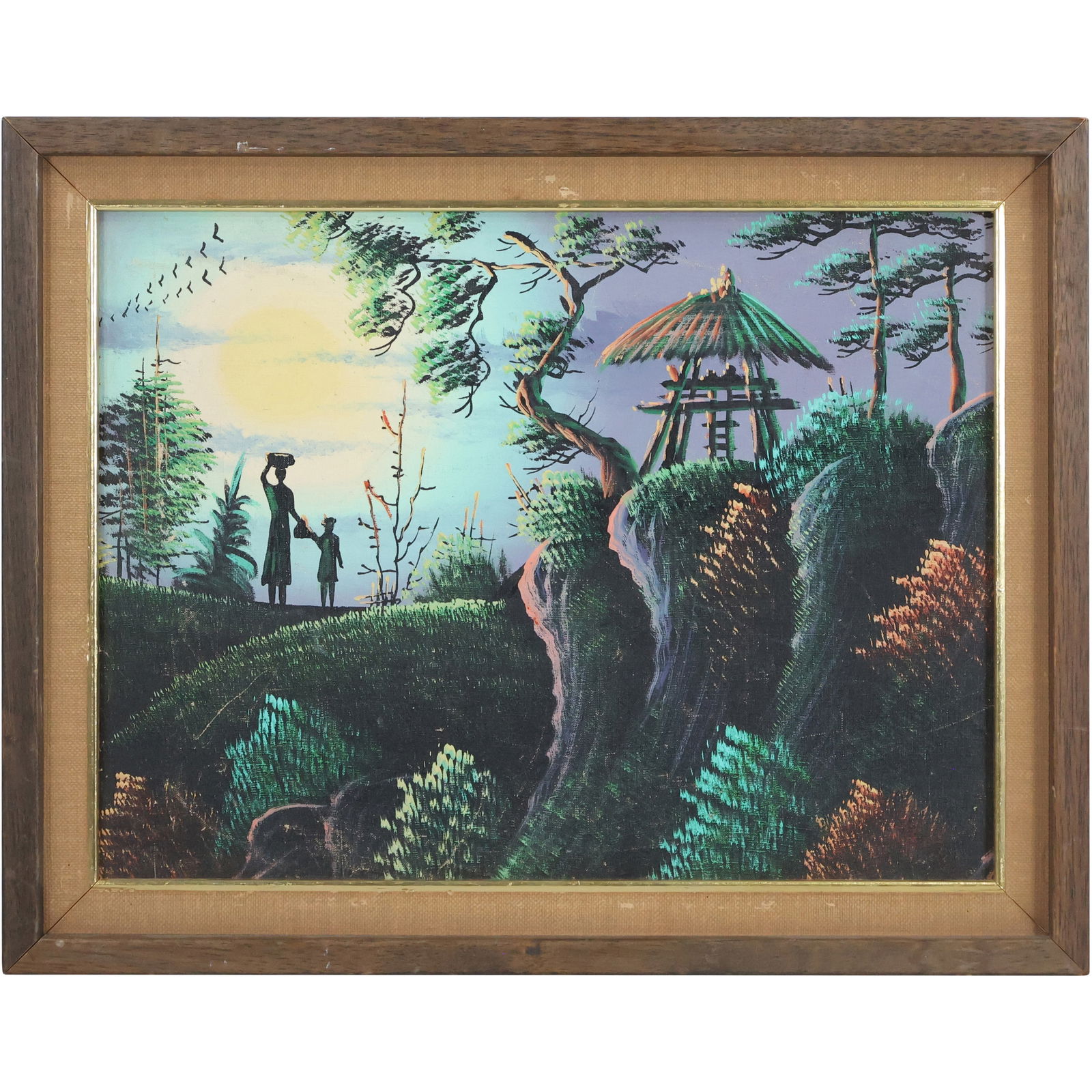 Haitian Oil Painting on Canvas over Board, Sunset Landscape, Framed (1 of 10)