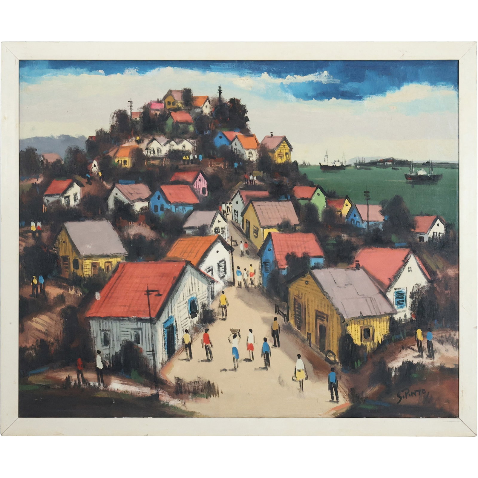 Sylvio Pinto (1918 - 1997) Oil on Canvas Painting Ponta De Areia, Signed, Framed: Sylvio Pinto (1918 - 1997) Oil on Canvas Painting Ponta De Areia, Signed, Framed. size: 23 x 28.5, 25.5 x 30.5 outside frame