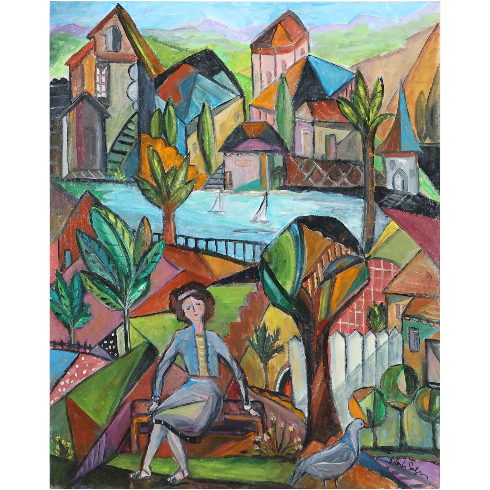 Artist Signed Illegible, Oil on Board Painting, Modernist Woman in Landscape, Sail Boats: Artist Signed Illegible, Oil on Board Painting, Modernist Woman in Landscape, Sail Boats. size: 30 x 24