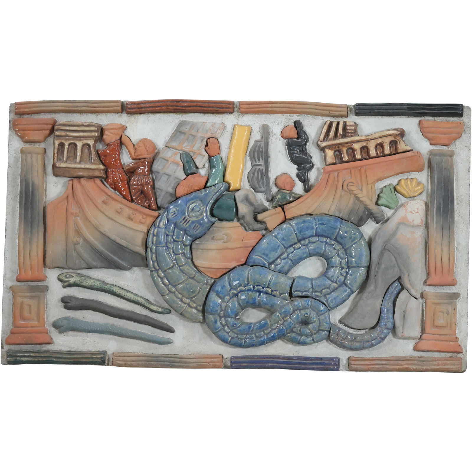 Unique Ceramic Mosaic Wall Art with Boat, Figures, Serpent 15 inches x 26 inches length (1 of 13)