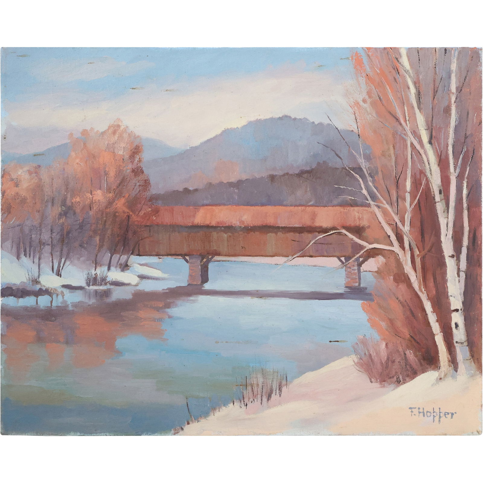 Frances D Hopper, New Hampshire, Oil on Canvas Painting Covered Bridge in Landscape (1 of 14)