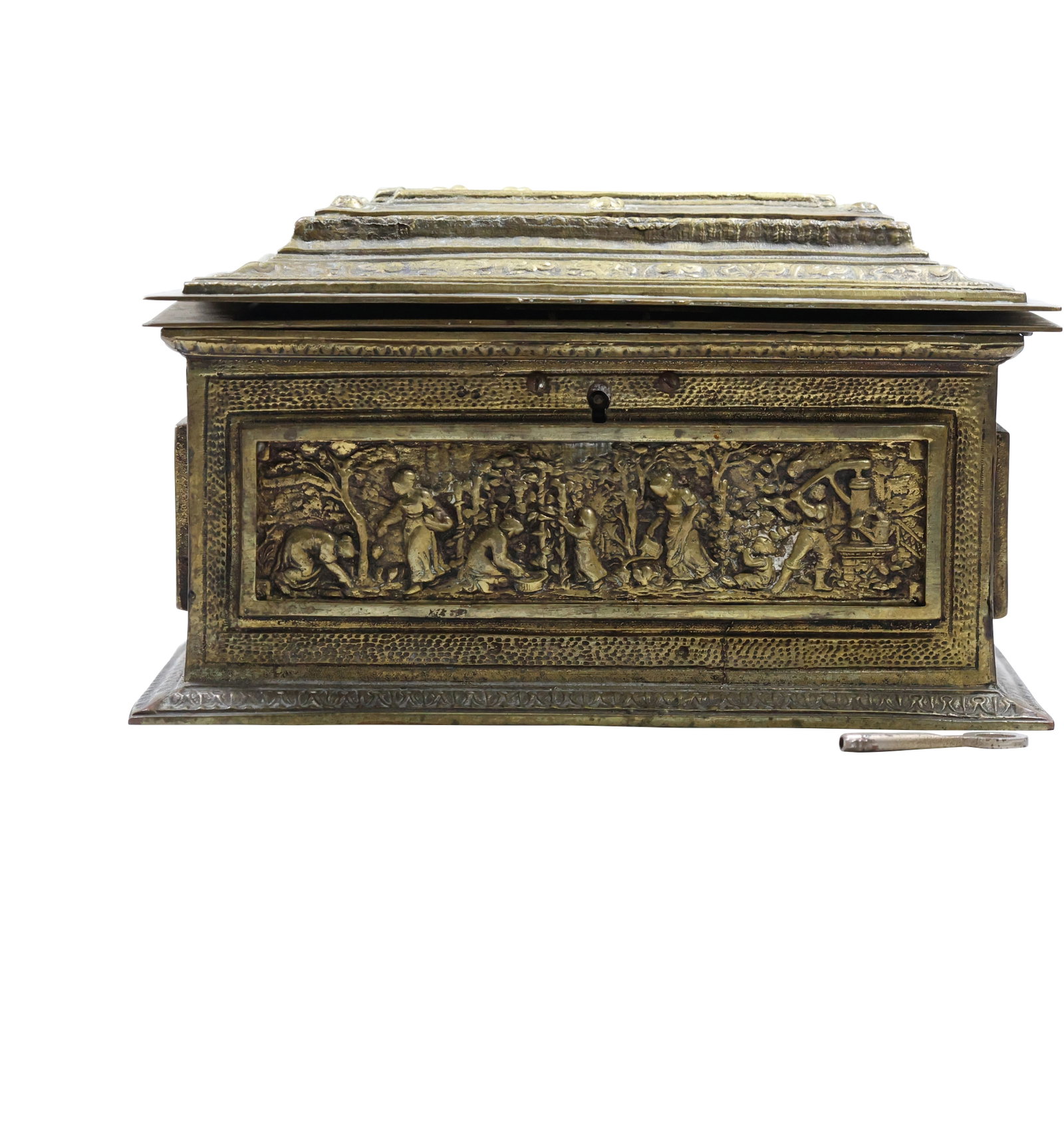 Bronze Jewelry Casket with Relief Scenic Side Panels, Key; 5.25 in. x 11.25 in. x 8 in.: Bronze Jewelry Casket with Relief Scenic Side Panels, Key; 5.25 in. x 11.25 in. x 8 in. size: 5.25 x 11.25 x 8 - top not attached see picture 4 shelf D