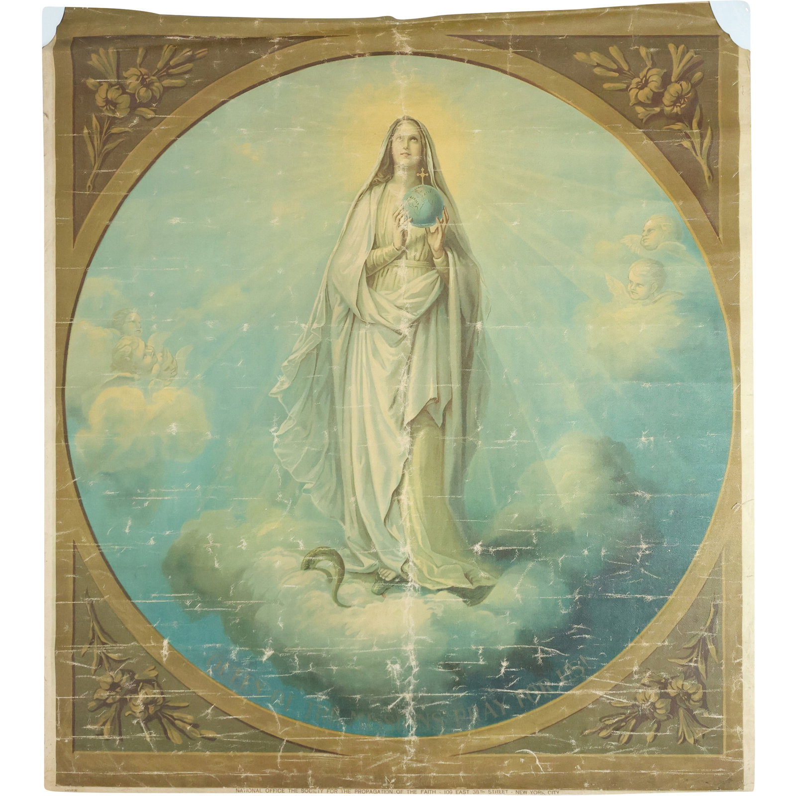 19th C. Unstretched Oil on Canvas Painting Virgin Mary with Angels Pray for Us 36 in. x 32.5 in.: 19th C. Unstretched Oil on Canvas Painting Virgin Mary with Angels Pray for Us 36 in. x 32.5 in. size: 36 x 32.5 shelf C