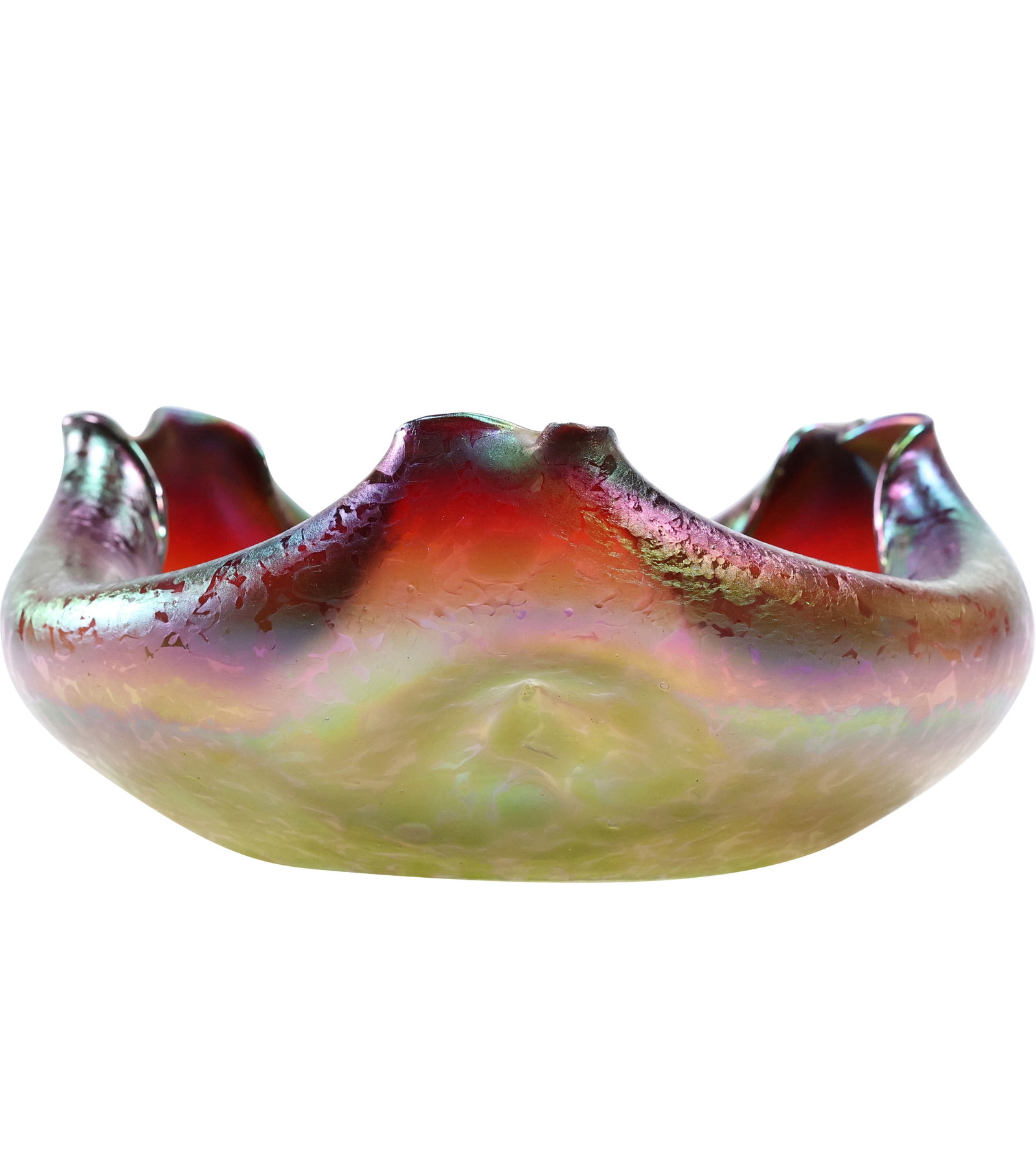 Antique LOETZ Iridescent Art Glass Bowl with Fold Up Pinched Rim 9.25 in. diameter: Antique LOETZ Iridescent Art Glass Bowl with Fold Up Pinched Rim 9.25 in. diameter. size: 4 x 9.25 x 9.5 shelf E