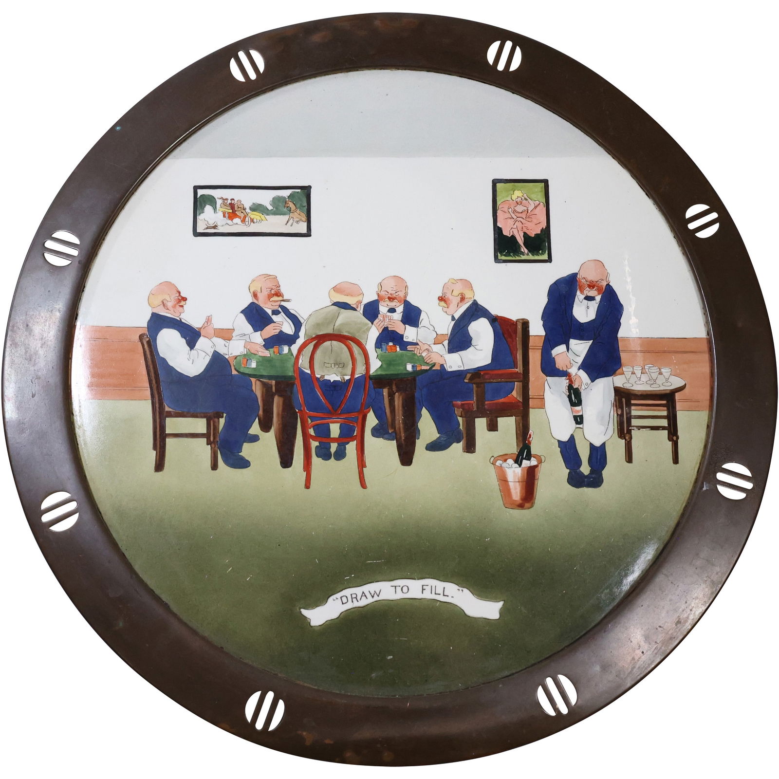 "Draw to Fill" German Poker Player Ceramic and Brass Rimmed Tray 14 in. diameter (1 of 12)