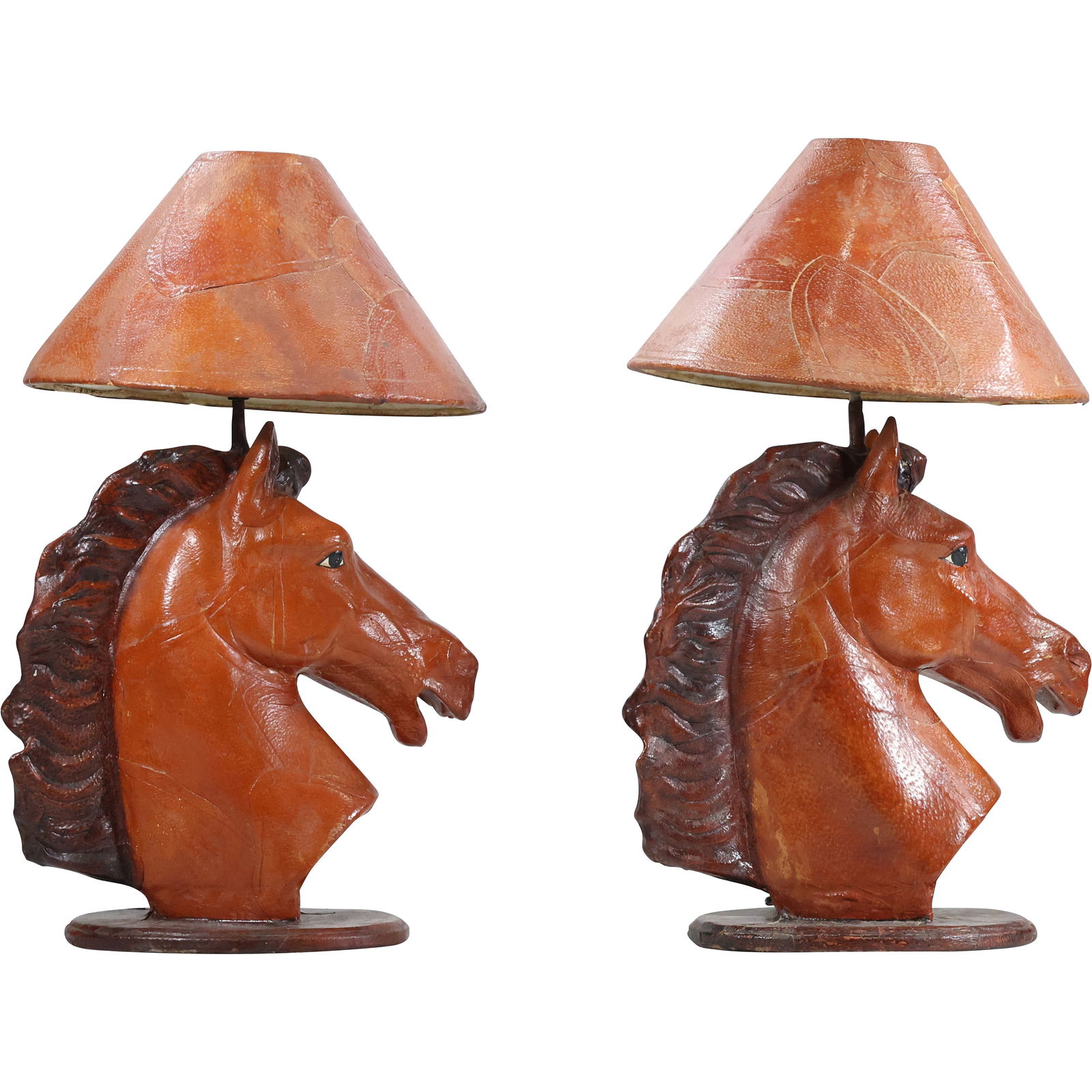 Pair Fabulous Vintage Leather Horse Head Table Lamps with Original Leather Shades (1 of 9)