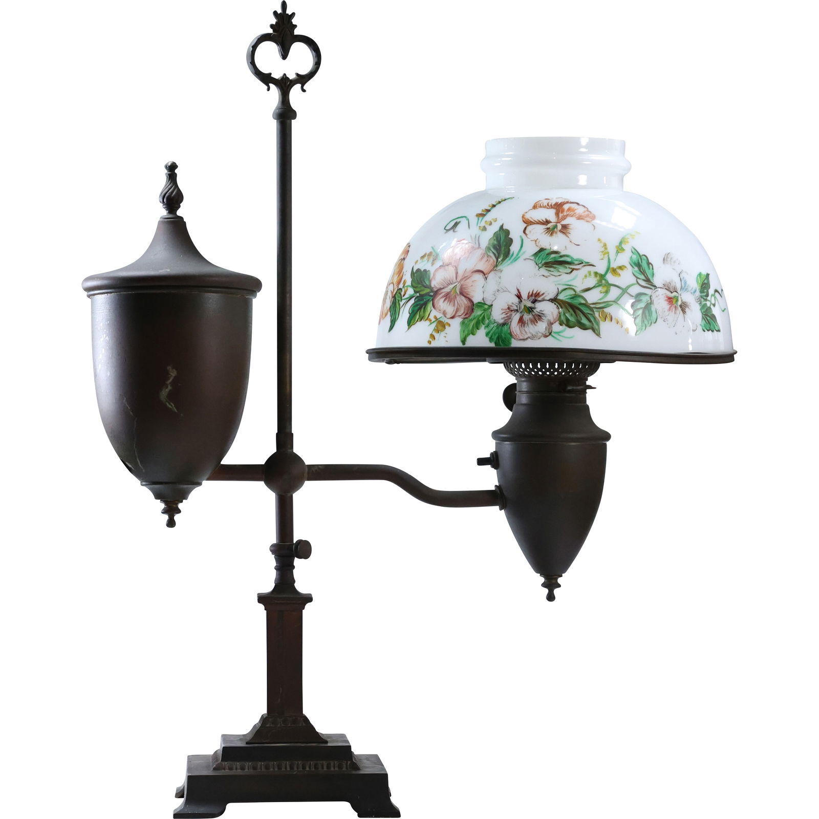 Vintage Electrified Brass Student Lamp with Hand Painted Glass Shade 22.5 in. height (1 of 11)