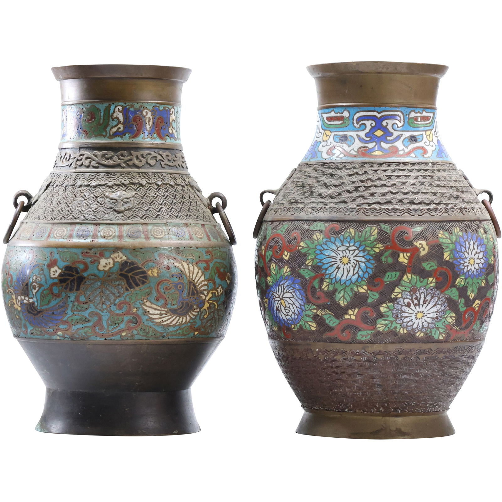 [2] 19th C. Japanese Bronze Champleve Urns , 11.75 in. height each (1 of 14)