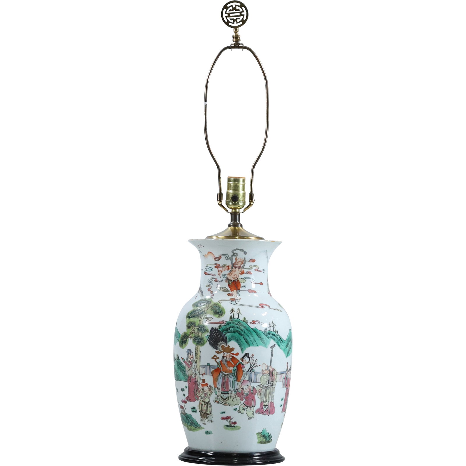 Antique Chinese Fine Porcelain Vase Table Lamp with Immortals Decoration 32 in. overall height: Antique Chinese Fine Porcelain Vase Table Lamp with Immortals Decoration 32 in. overall height. size: 32 x 7.5 shelf C