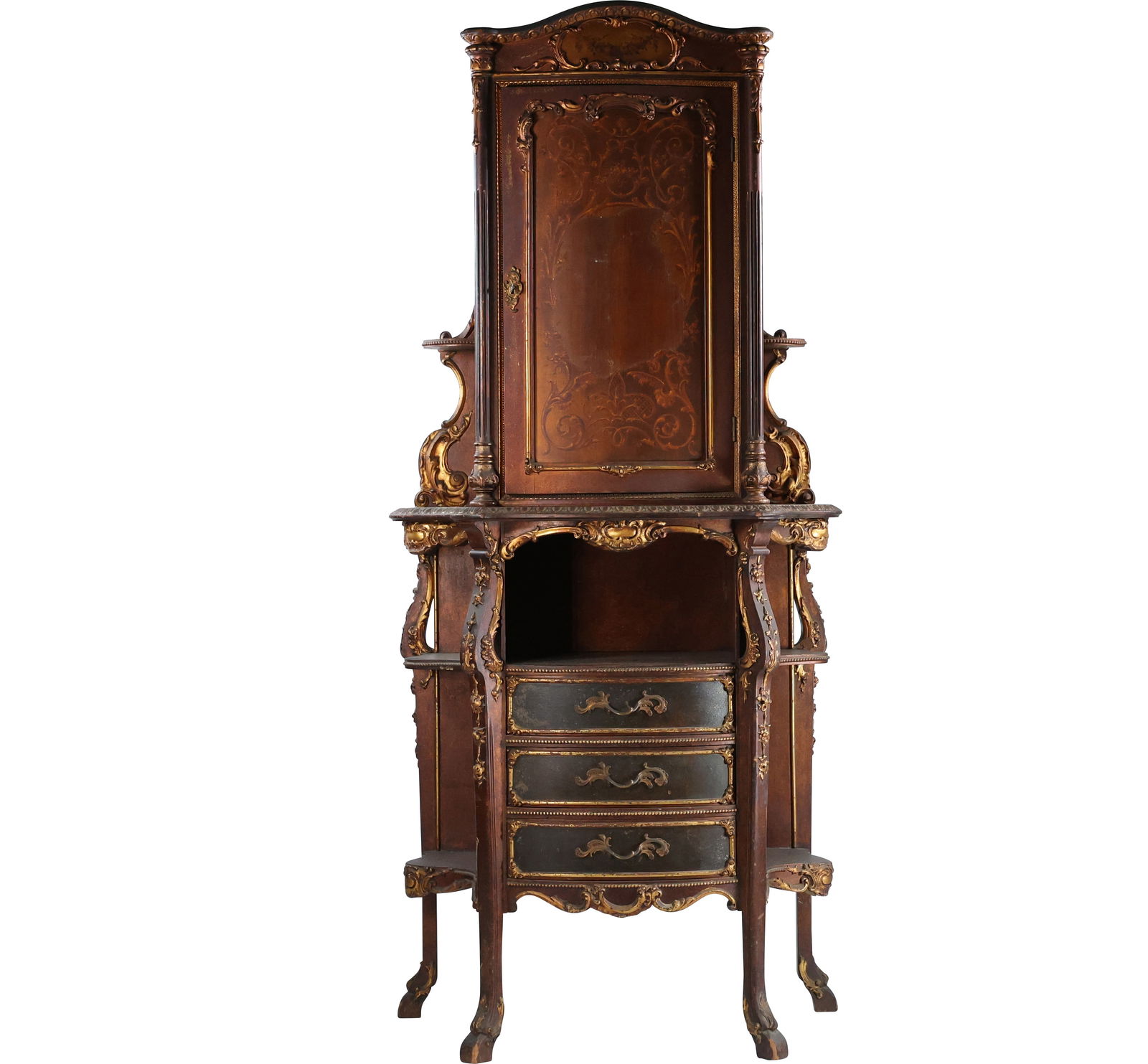 Circa 1910 Fancy Stylish Tall French Music Cabinet, Walnut with Inlay and Gold Gilt Accents (1 of 14)