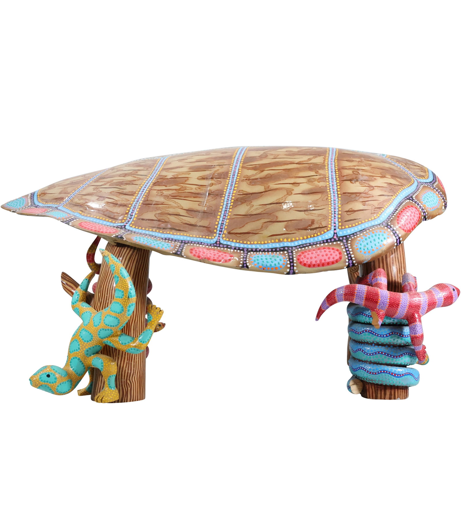 Spectacular TURTLE TABLE Sculpture, Carved Wood and All Paint Decorated 38 in. length: Spectacular TURTLE TABLE Sculpture, Carved Wood and All Paint Decorated 38 in. length. size: 18 in. height x 38 in. length x 29 in. wide