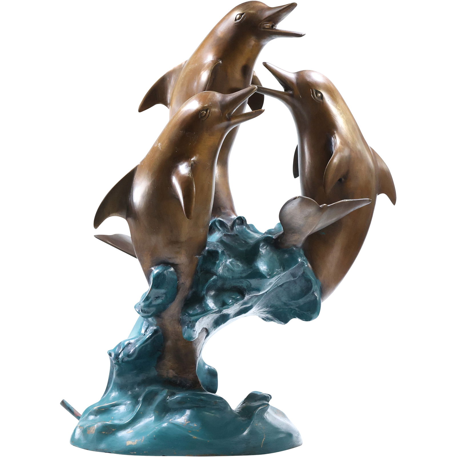 Bronze Fountain Three Dolphins Jumping a Wave, Original Patina, 20.5 in. height x 16in. wide (1 of 12)