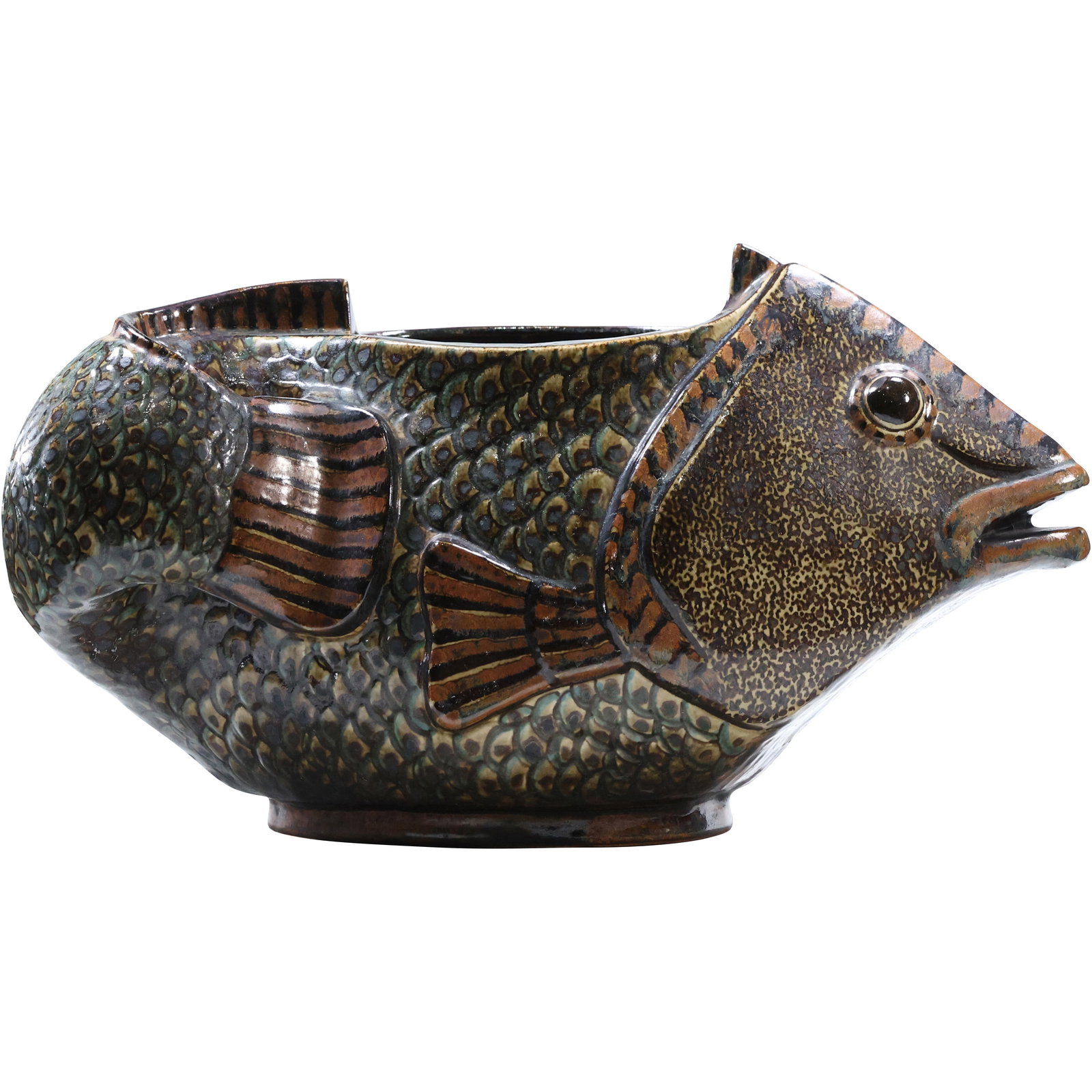 Vintage Mexican Tonala Pottery Signed Carlos Villanueva FISH Figure Planter 20.5 in. length: Vintage Mexican Tonala Pottery Signed Carlos Villanueva FISH Figure Planter 20.5 in. length. size: 11.5 x 20.5 x 9 shelf F