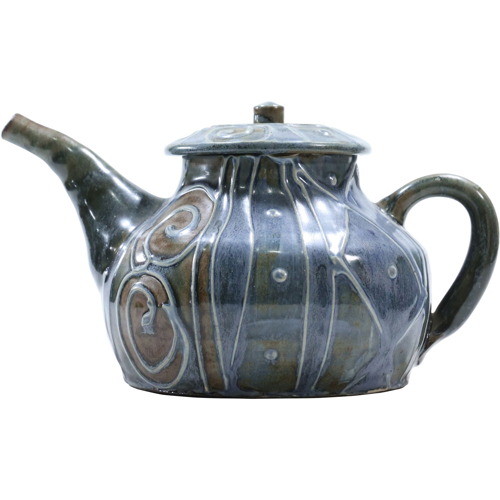 Modernism Art Pottery Tea Pot with Monogram Signature on Base: Modernism Art Pottery Tea Pot with Monogram Signature on Base. size: 5.5 x 9.5 x 6 shelf F